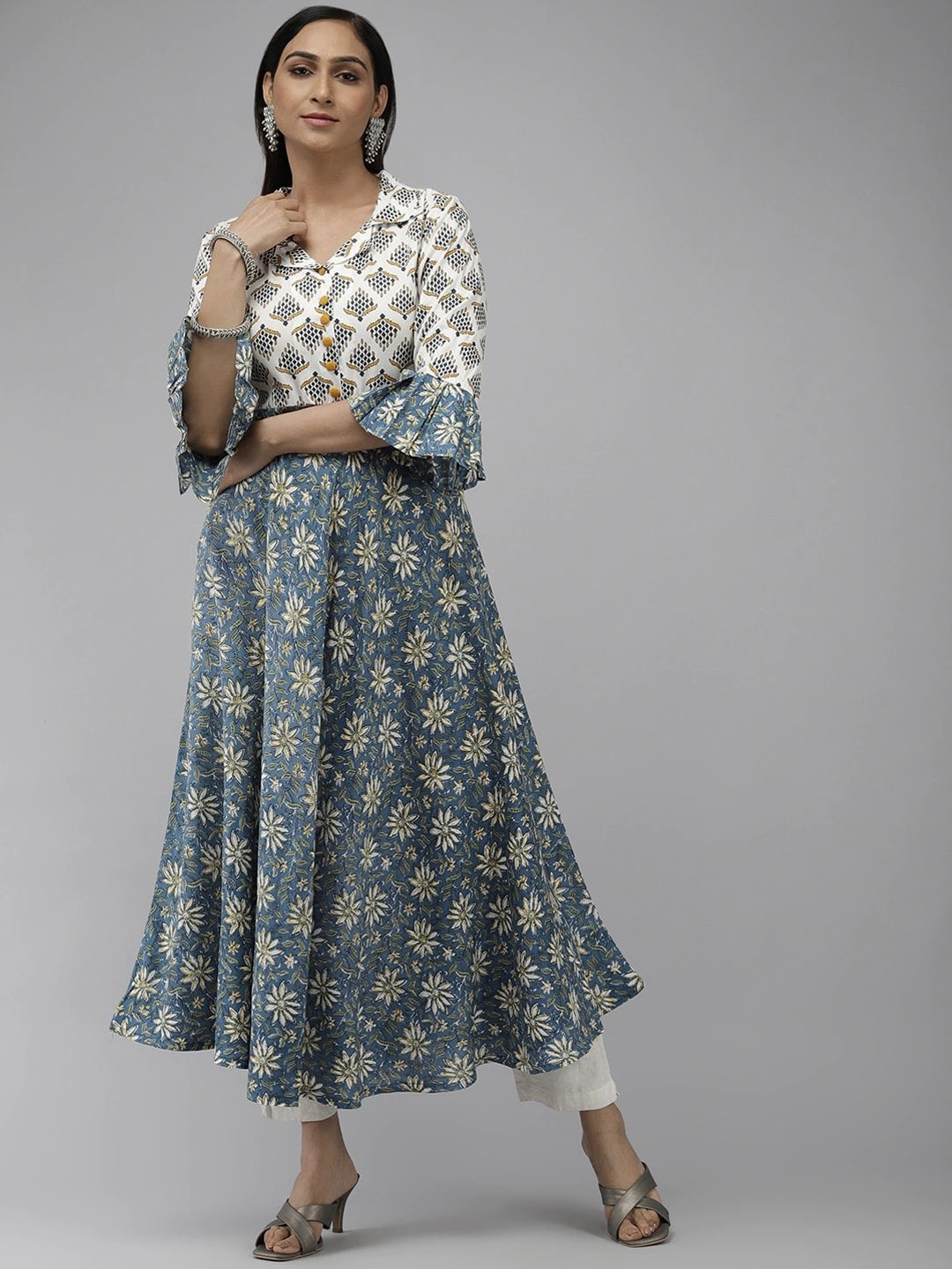 

KALINI Floral Printed Shirt Collar Flared Sleeves Anarkali Kurta, White
