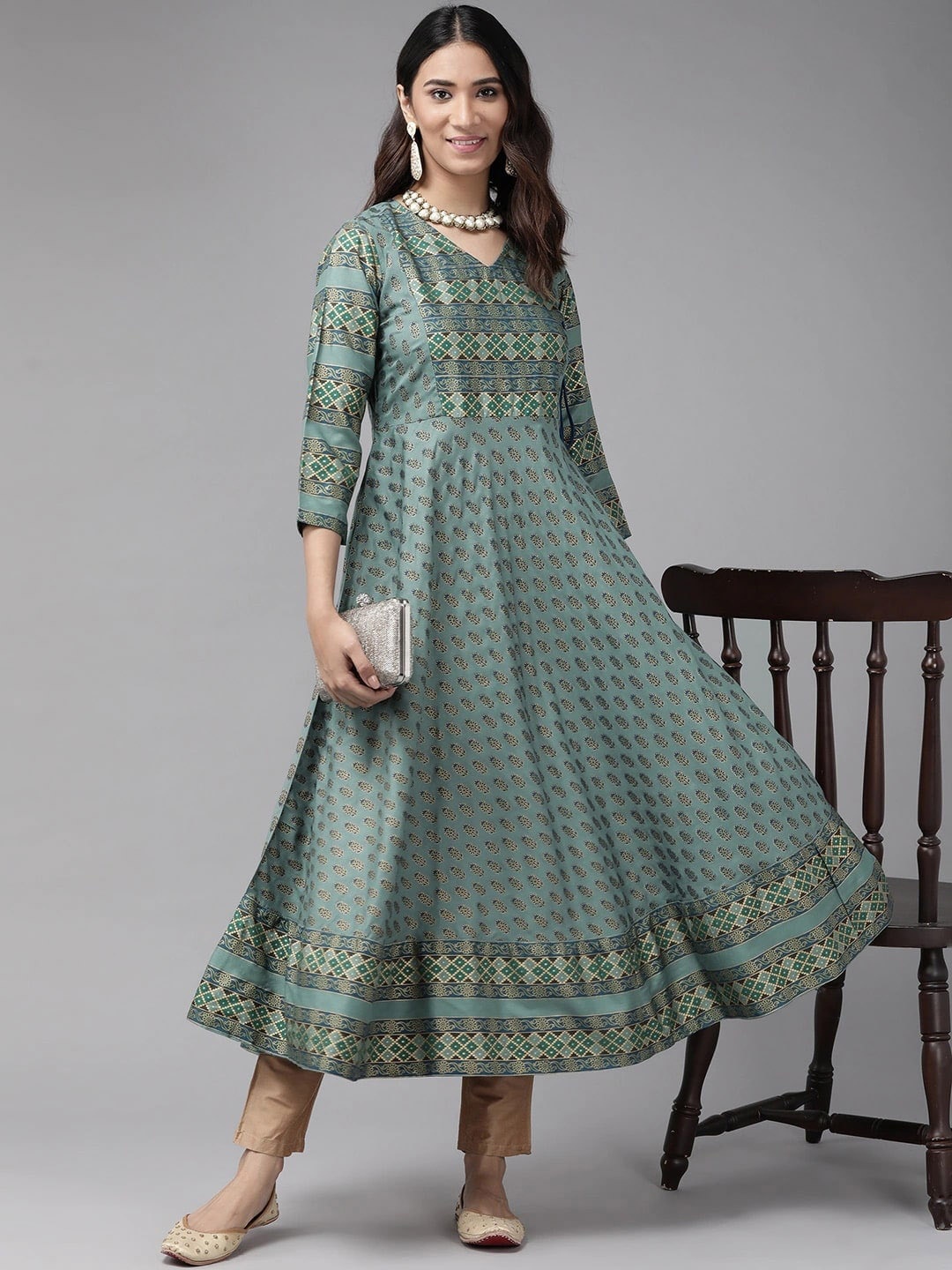 

KALINI Ethnic Motifs Printed Thread Work Anarkali Kurta, Green