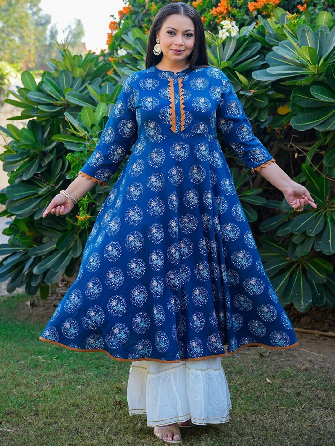 

KALINI Floral Printed Mandarin Collar Cotton Anarkali Kurta, Blue