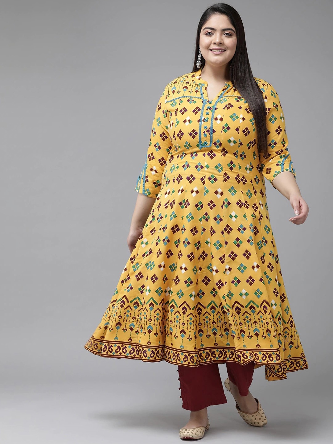 

KALINI Plus Size Ethnic Motifs Printed Mandarin Collar Panelled Anarkali Kurta, Yellow