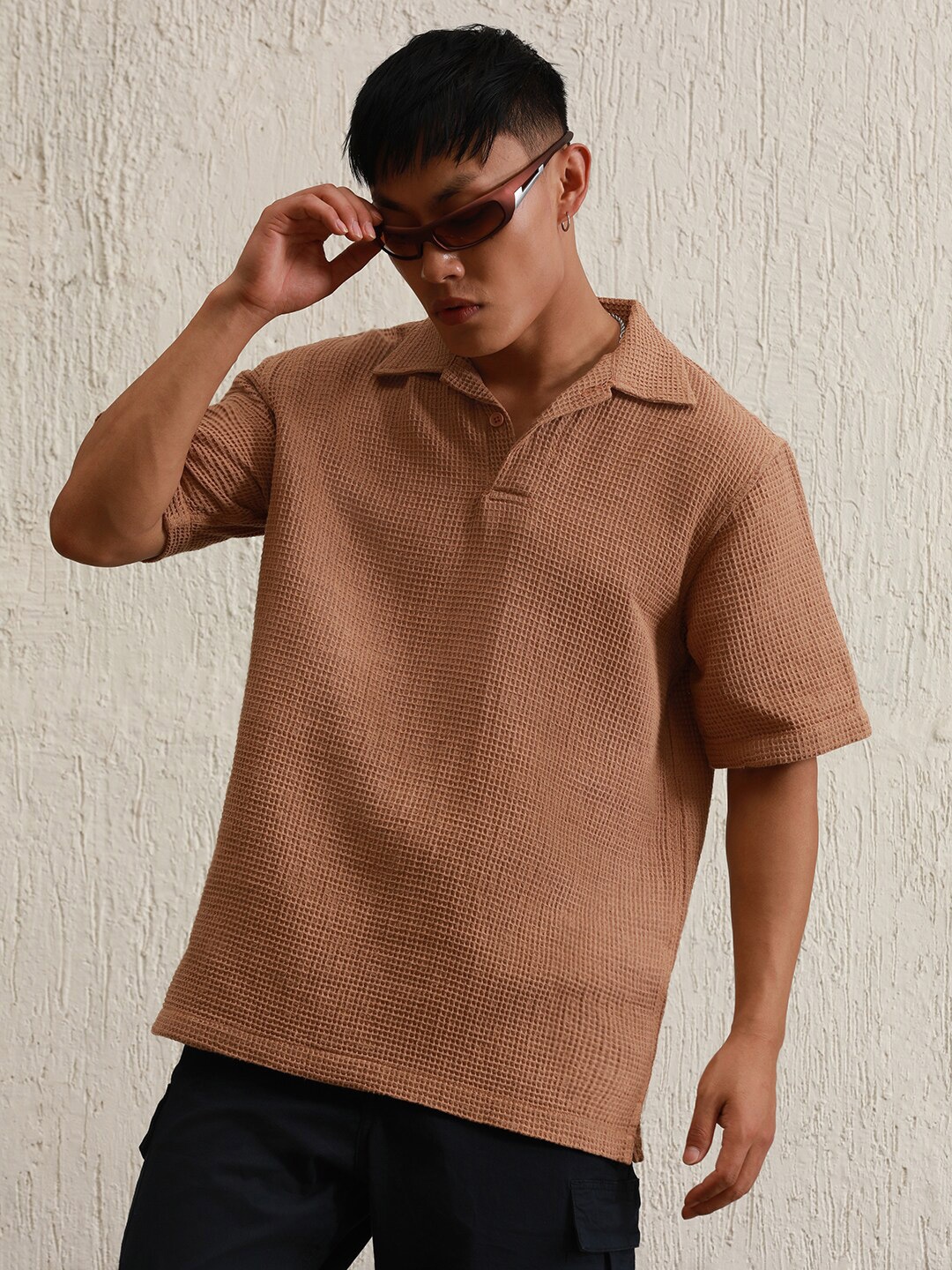 

Hubberholme Self Design waffle Polo Collar Cotton Oversized T-shirt, Brown