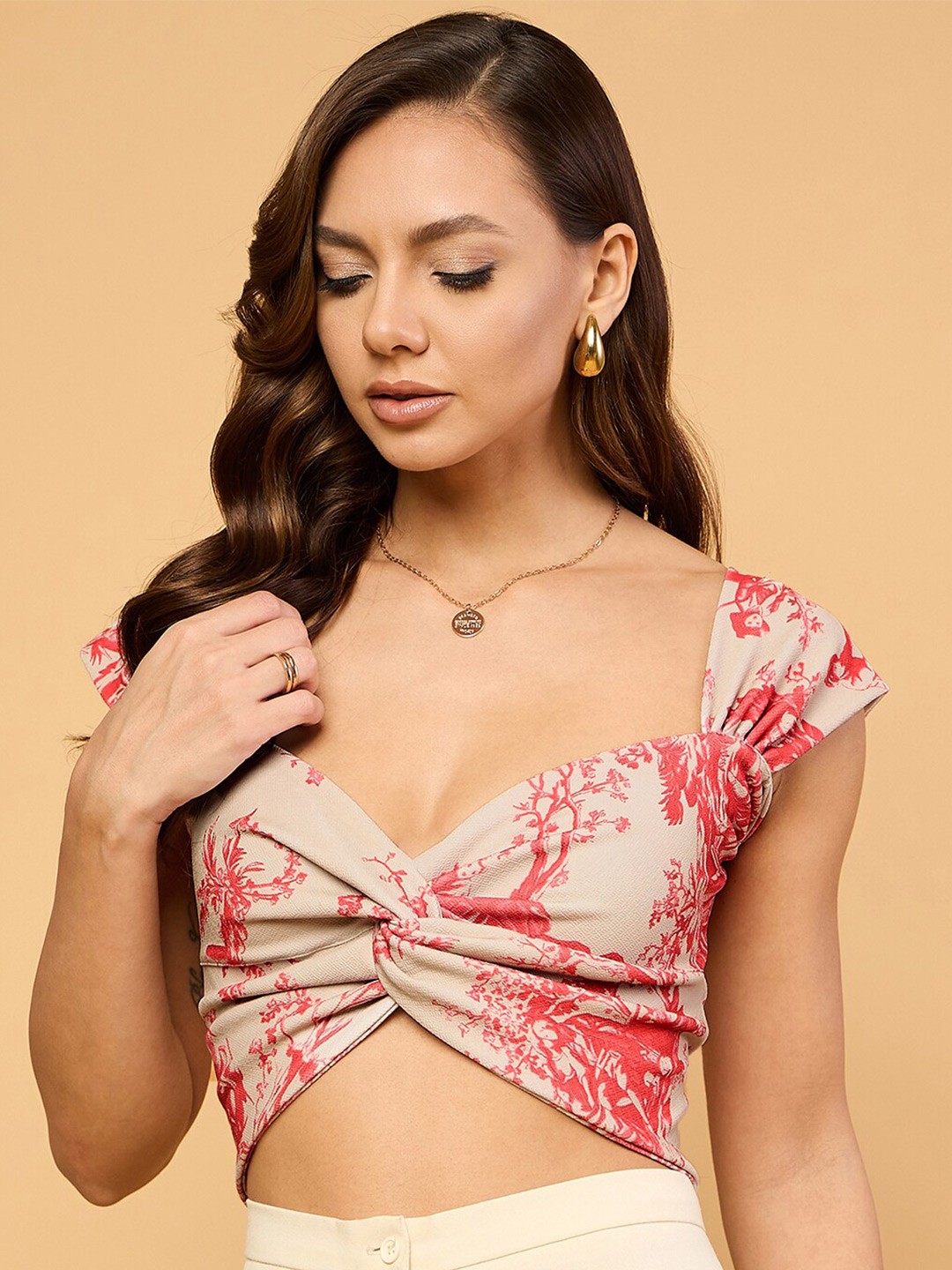 

Uptownie Printed Stretchable Half Sleeve Back Cut-Out Cropped Top, Pink