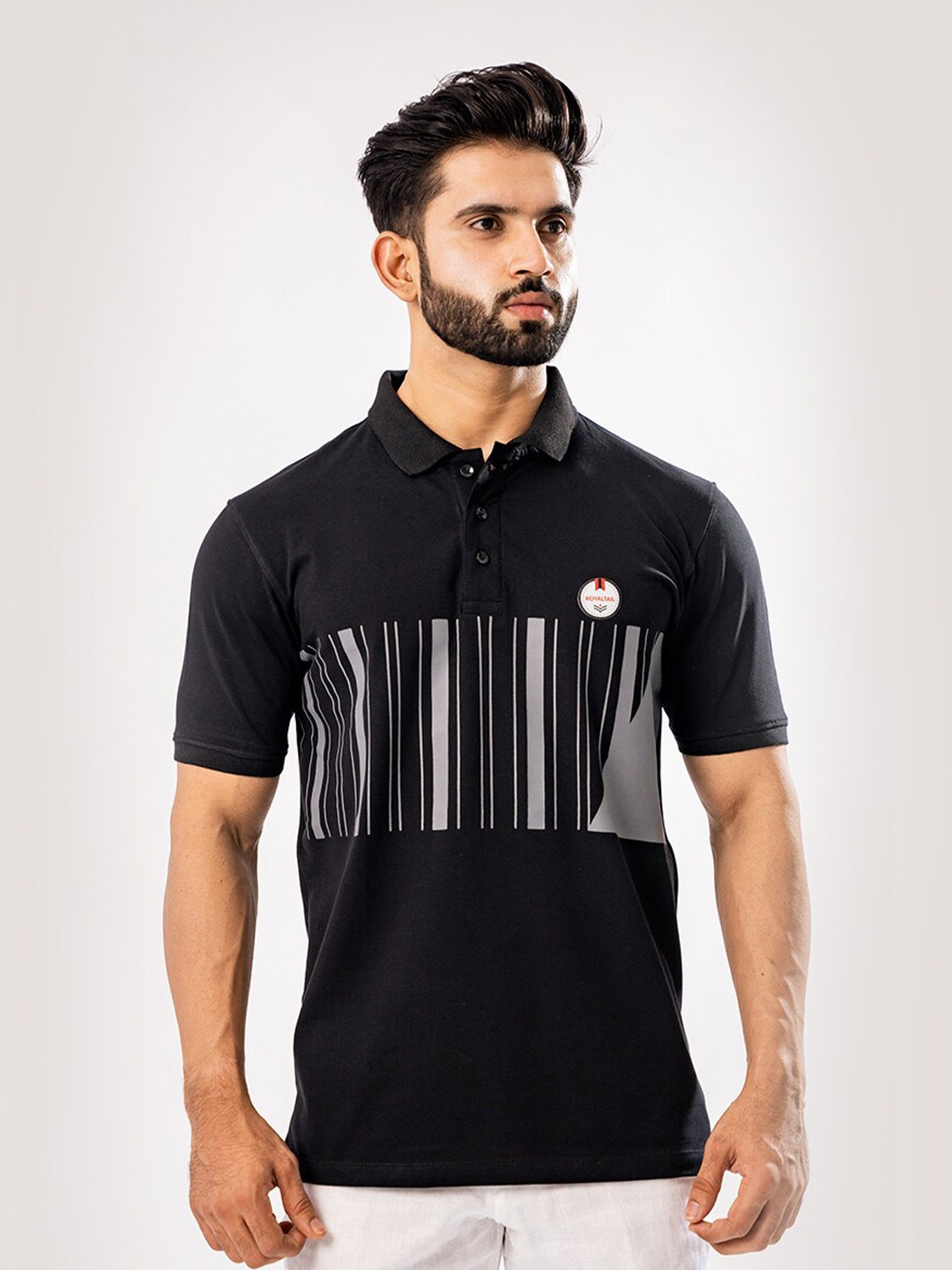 

ROYALTAIL Polo Collar Short Sleeves Striped Regular Fit Cotton T-shirt, Black