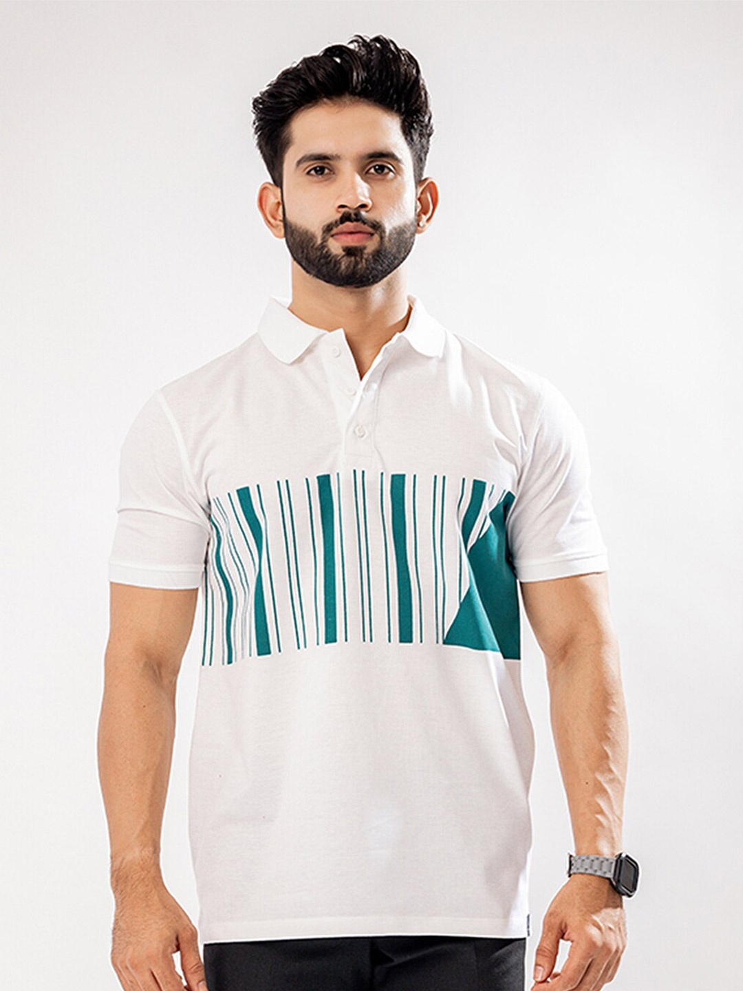 

ROYALTAIL Striped Polo Collar Cotton T-shirt, White