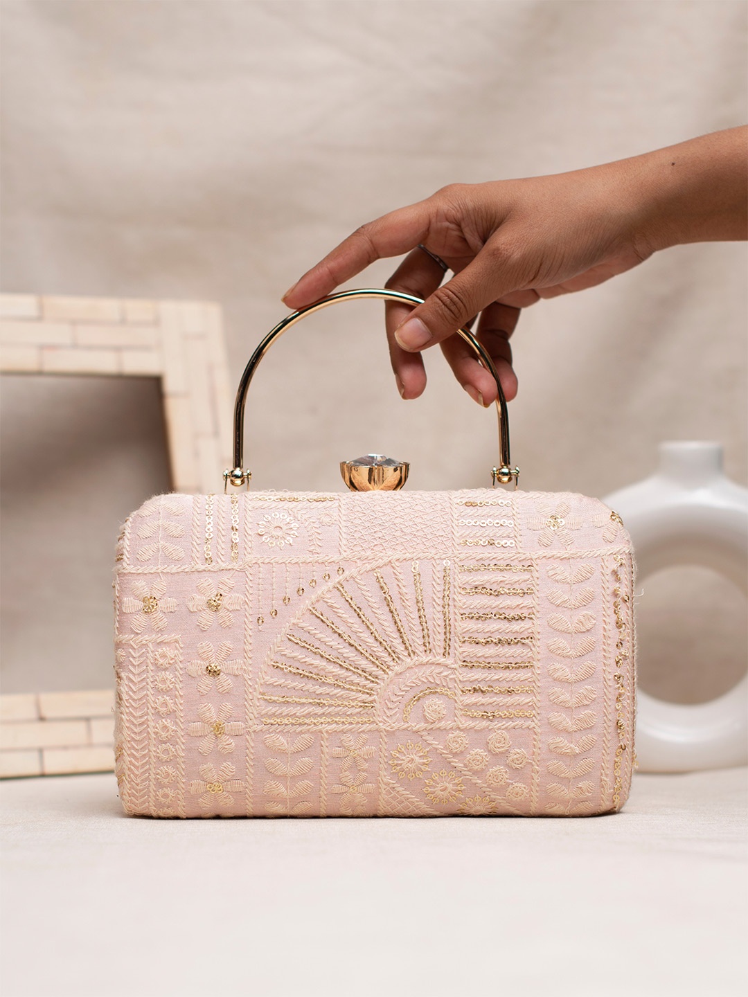 

ARTKLIM Chikankari Embroidered Box Clutch, Pink
