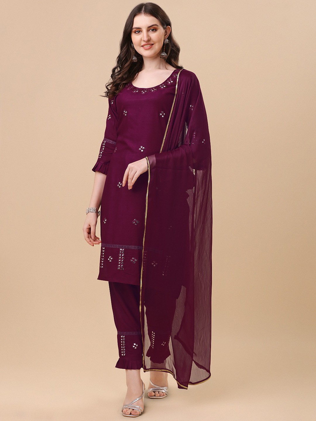 

BERISTON Ethnic Motifs Embroidered Round Neck Sequinned Kurta with Trousers & Dupatta, Maroon