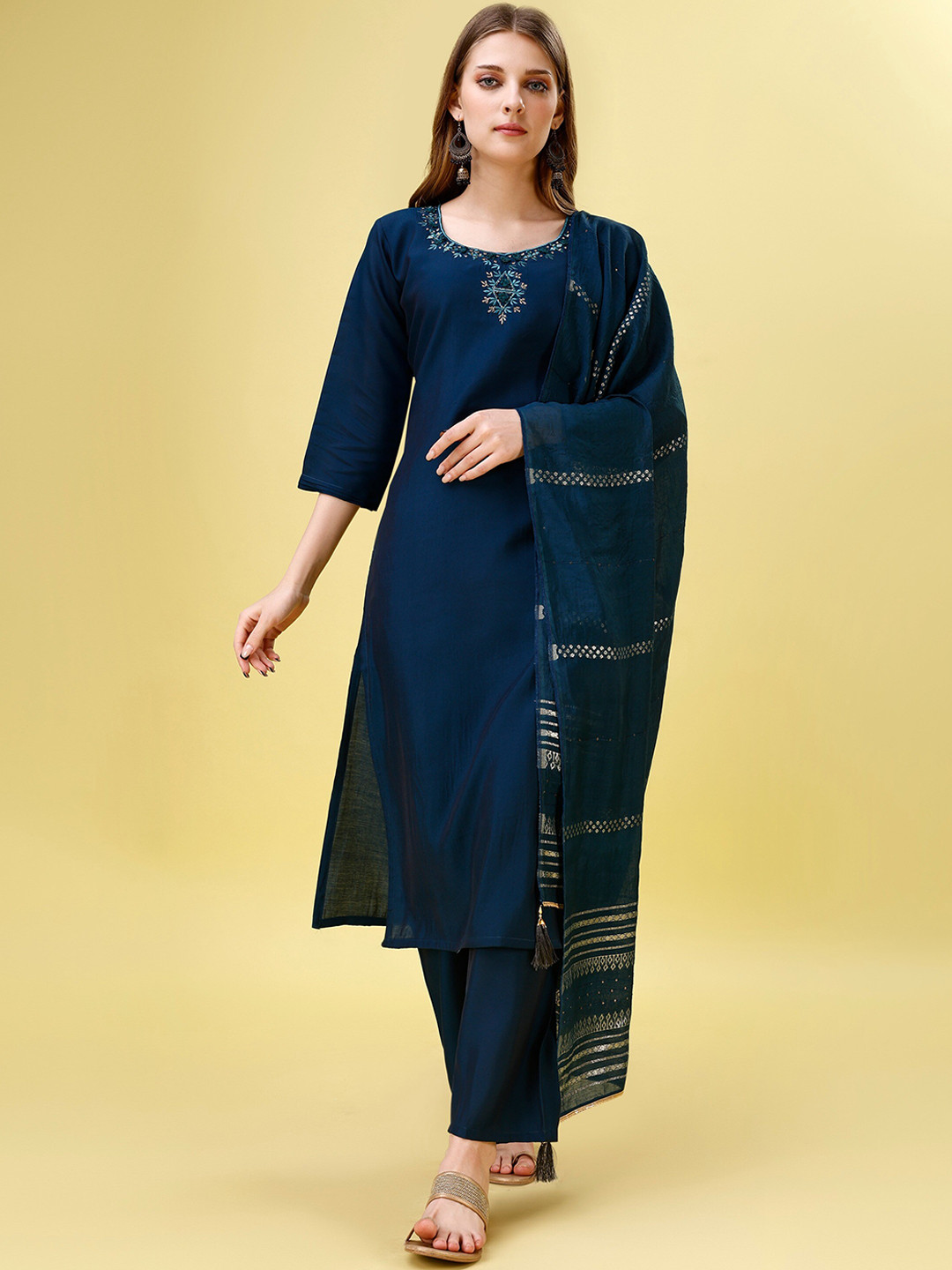 

BERISTON Ethnic Motifs Embroidered Regular Chanderi Cotton Kurta With Trousers & Dupatta, Blue