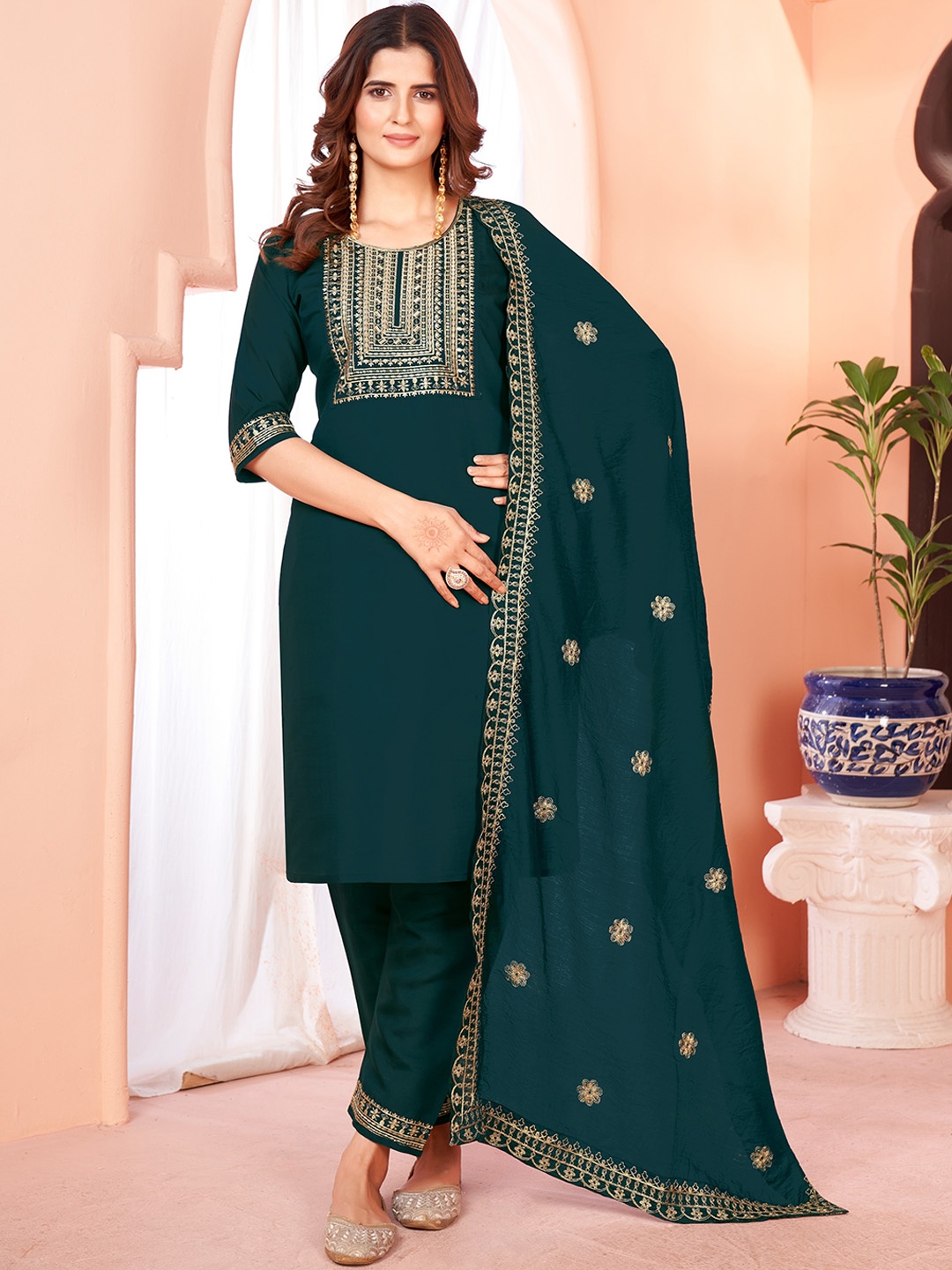 

BERISTON Floral Embroidered Regular Straight Chanderi Cotton Kurta With Trousers & Dupatta, Blue