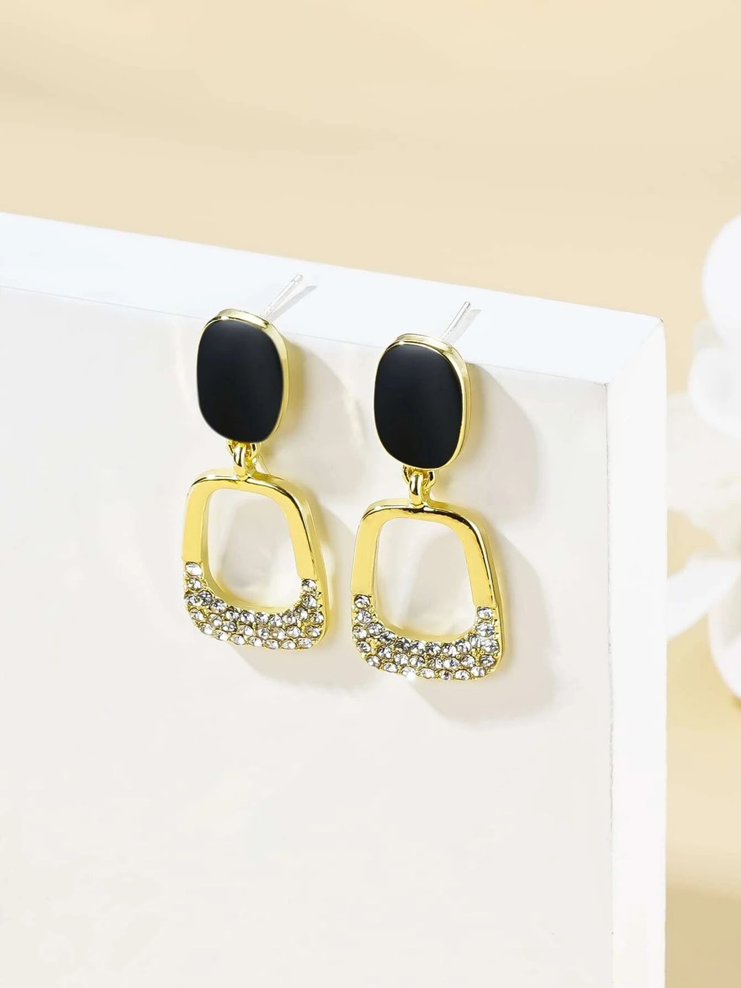 

Krelin Gold-Plated Stainless Steel Square Rhinestone Studded Drop Earrings
