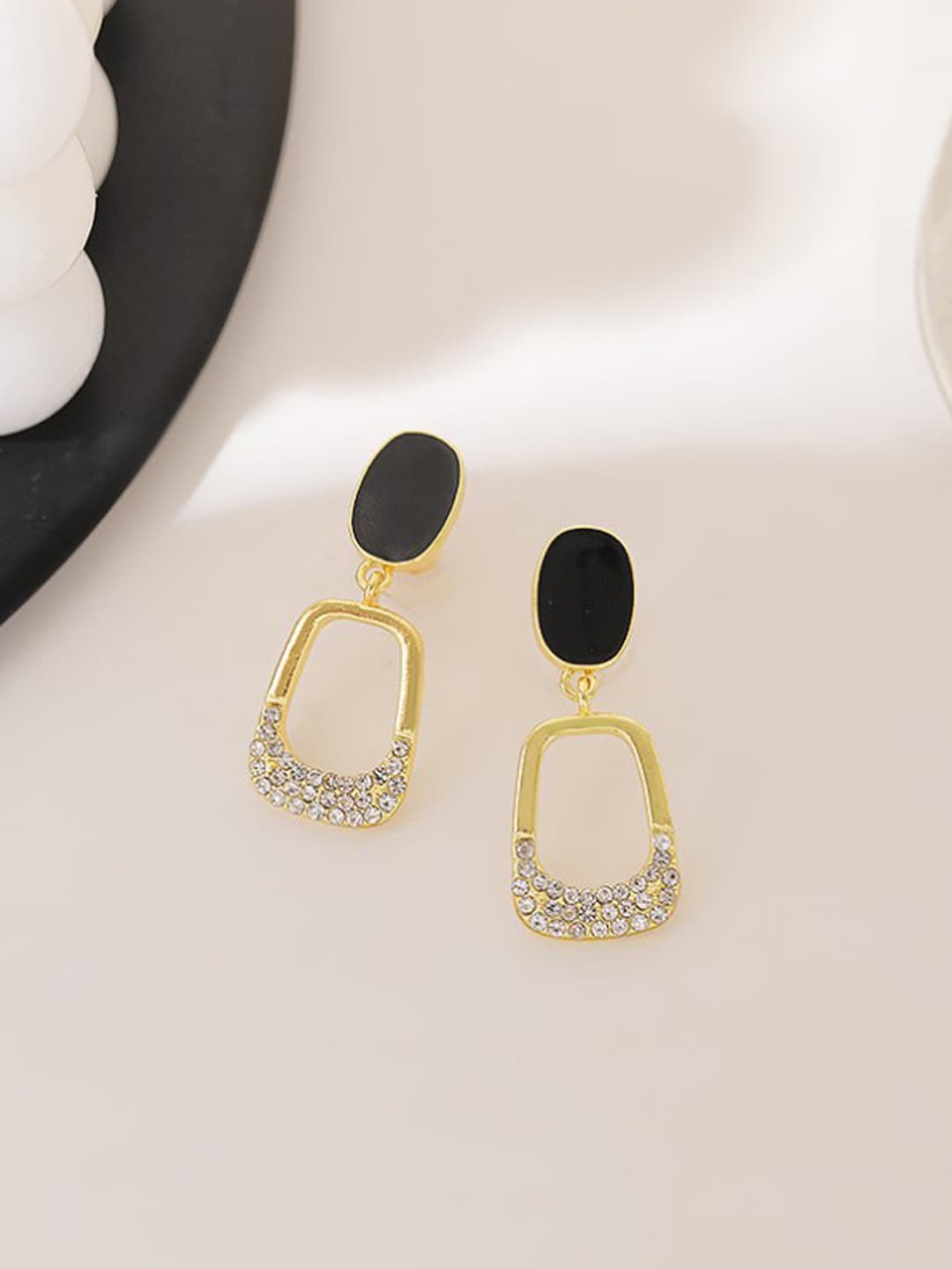 

Krelin Stainless Steel Gold-Plated Rhinestone Studded Square Drop Earrings
