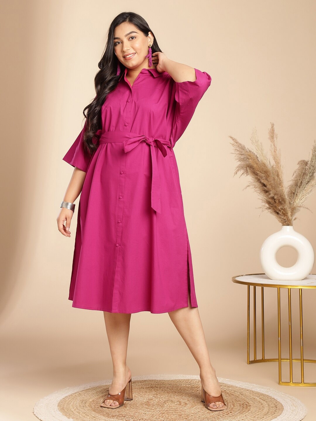 Janasya Plus Size Poplin Cotton Shirt Midi Dress, Pink