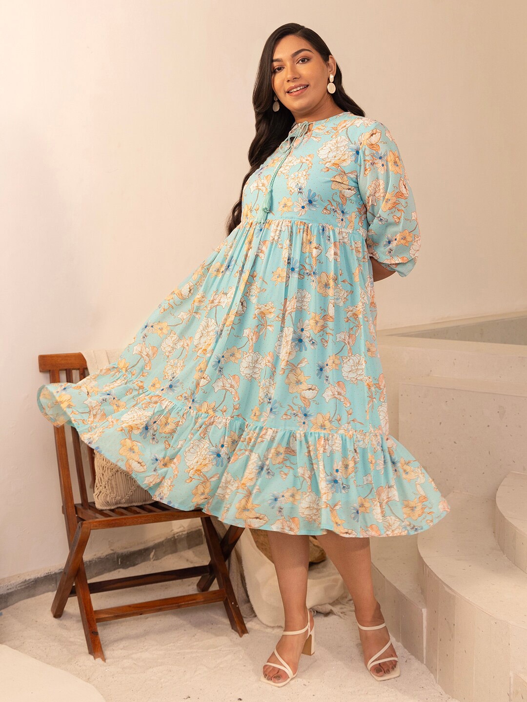

Janasya Plus Size Floral Print Tie-Up Neck Georgette A-Line Midi Dress, Turquoise blue
