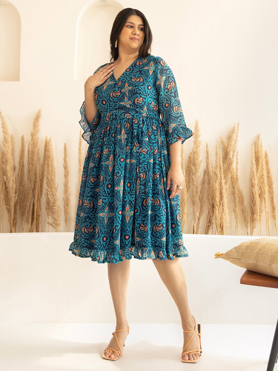 Janasya Plus Size V-Neck Floral Print Georgette Fit & Flare Dress, Blue