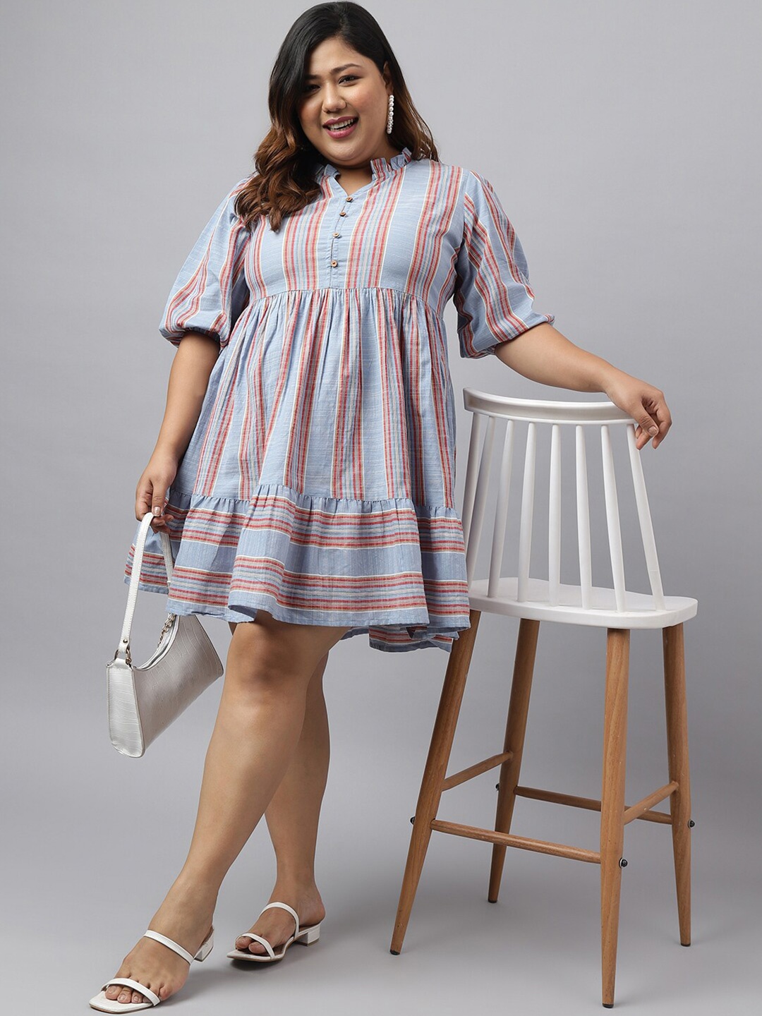 

Janasya Plus Size Striped Mandarin collar Puff Sleeve Cotton A-Line Dress, Blue