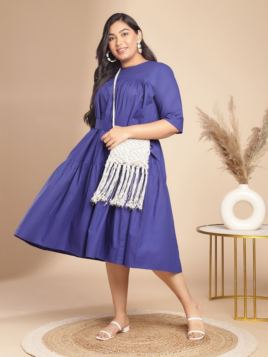 

Janasya Plus Size Round Neck Belted Tiered Cotton A-Line Midi Dress, Blue