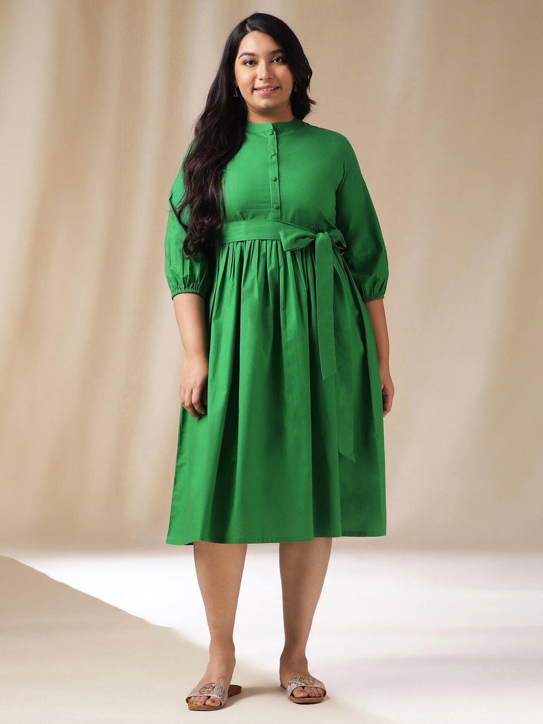 Janasya Plus Size Puff Sleeve Band Collar Belted Fit & Flare Dress, Green
