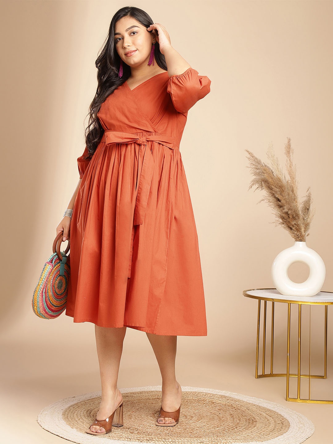 

Janasya Plus Size Fit & Flare Tie-Ups Cotton Midi Dress, Rust