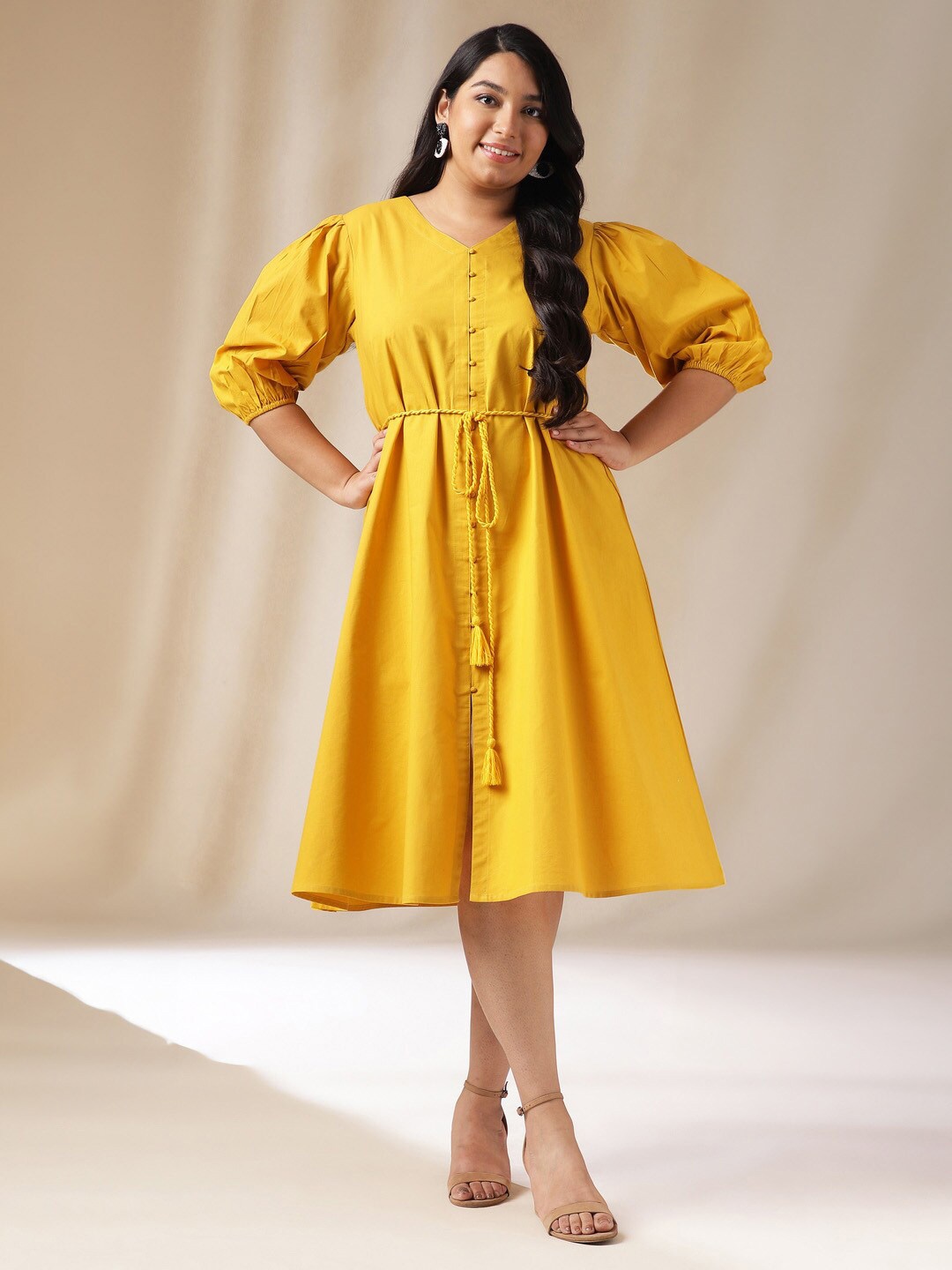 

Janasya Plus Size V-Neck Puff Sleeve Tie-Ups Cotton Fit & Flare Dress, Yellow