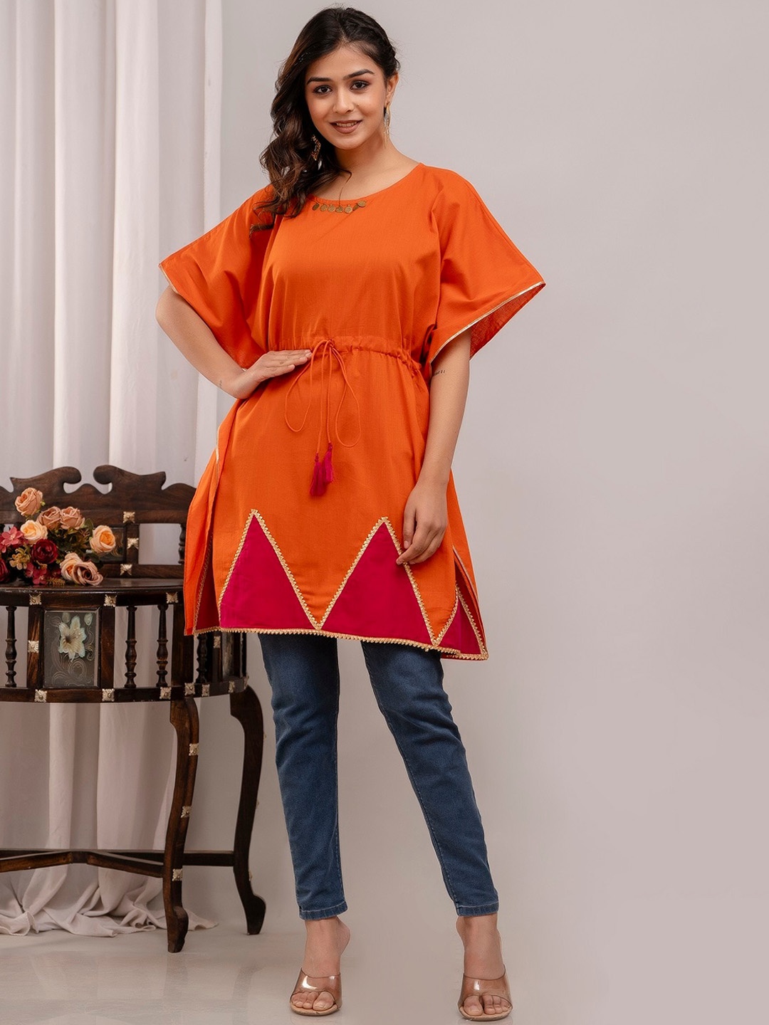 

A&K Flared Sleeves Cotton Kaftan Kurta, Orange