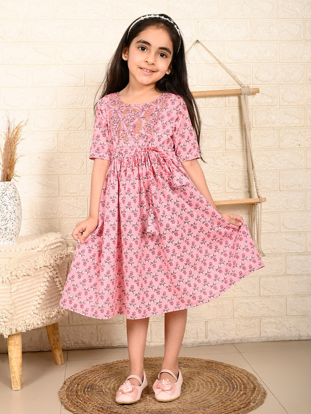 

Sangria Girls Floral Printed Cotton Fit & Flare Dress, Pink