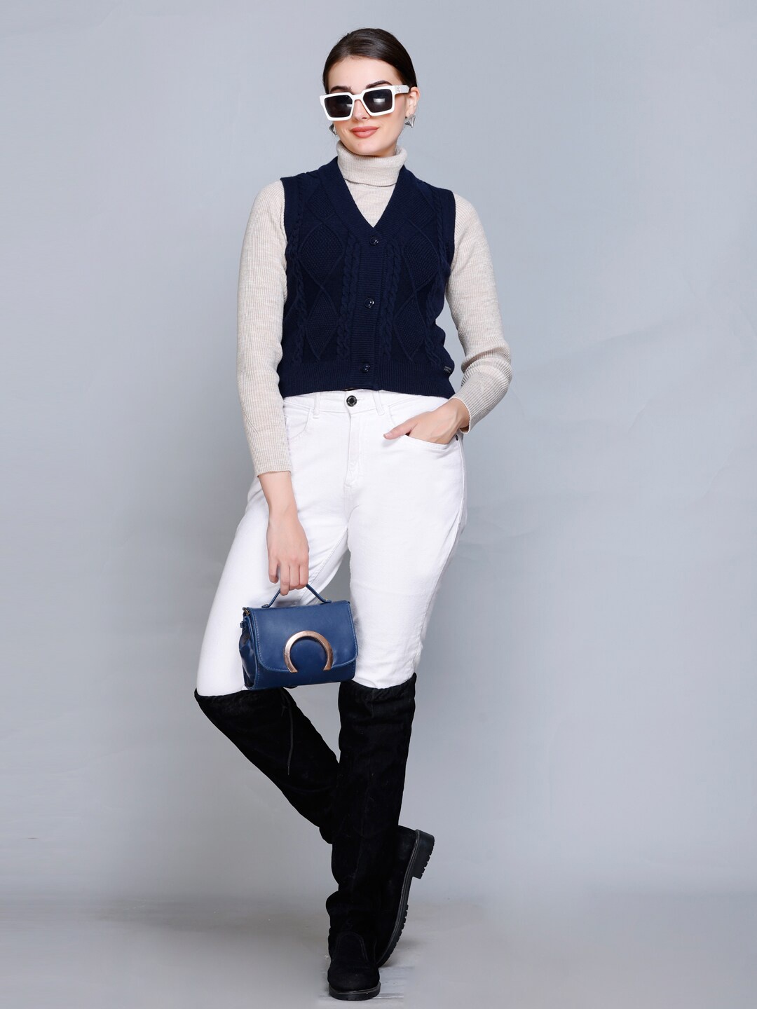 

513 V-Neck Sleeveless Cable Knit Cardigan Sweaters, Navy blue