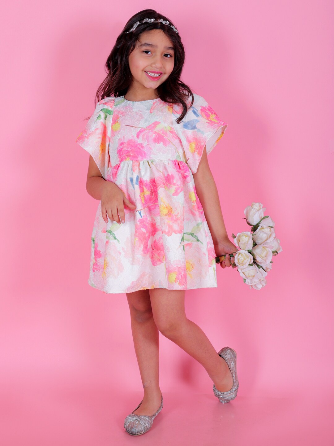 

KidsDew Floral Print Flared Sleeve Jacquard Fit & Flare Dress, White