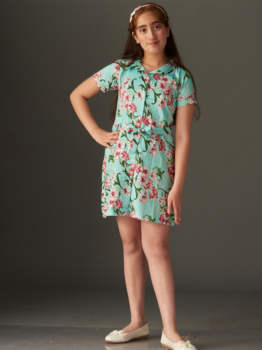 

KidsDew Floral Girls Floral Printed Belted Cotton Shirt Dress, Sea green