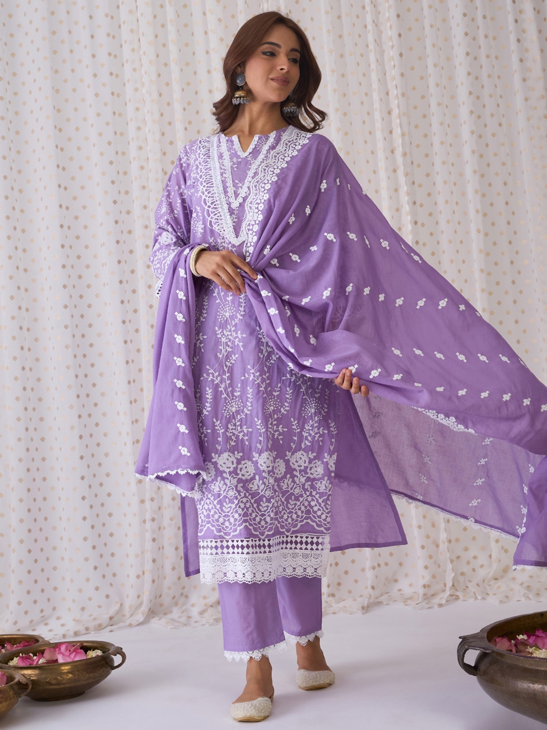 

Indo Era Floral Embroidered Round Neck Pure Cotton Straight Kurta with Trousers & Dupatta, Purple