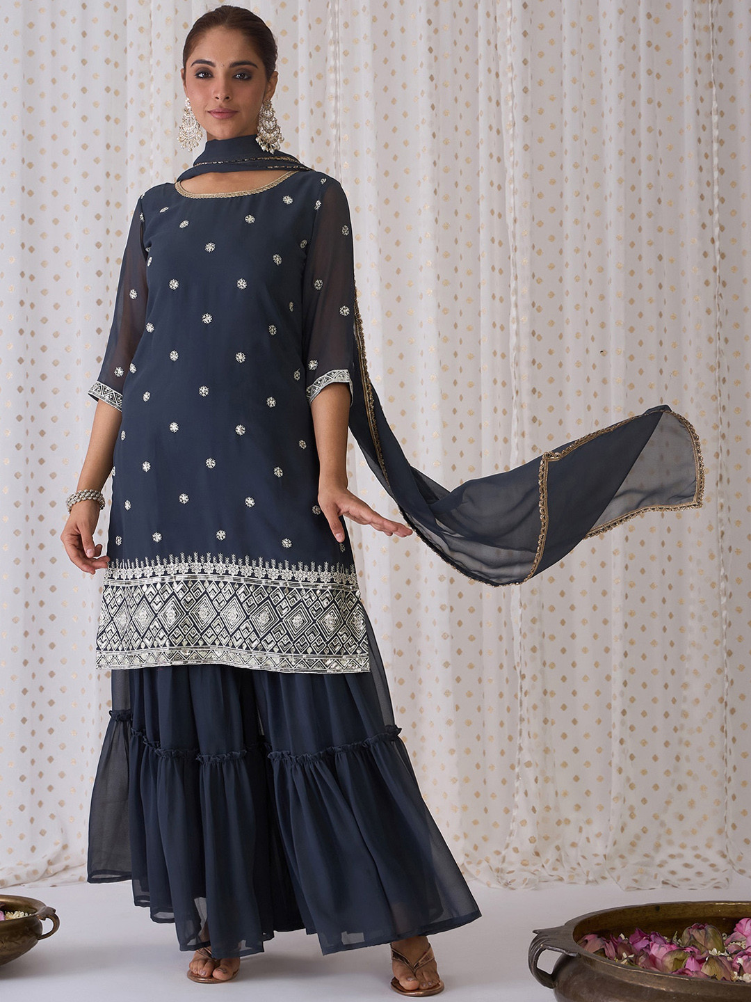 

Indo Era Ethnic Motifs Embroidered Round Neck Straight Kurta with Sharara & Dupatta, Grey