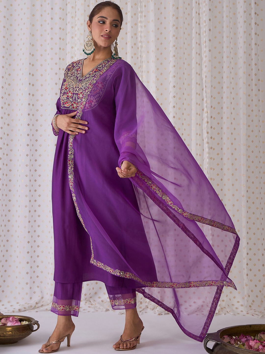 

Indo Era Floral Embroidered V-Neck Liva Kurta with Trousers & Dupatta, Purple