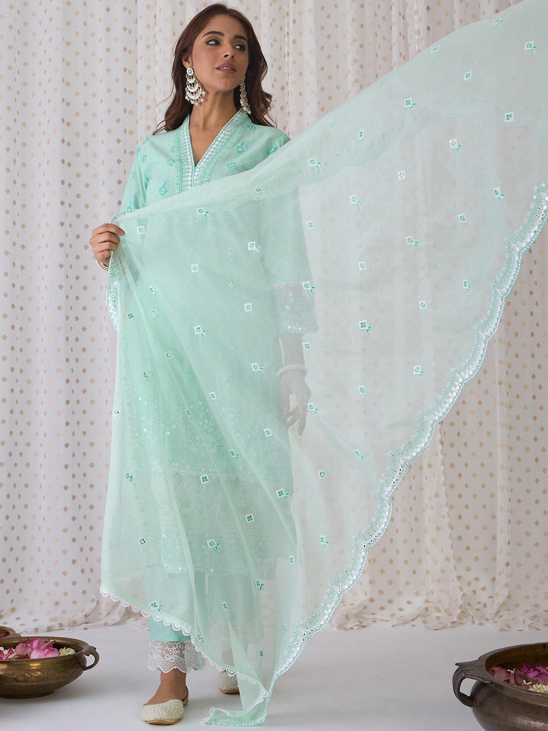 

Indo Era Ethnic Motifs Embroidered V-Neck Cotton Straight Kurta with Trousers & Dupatta, Green