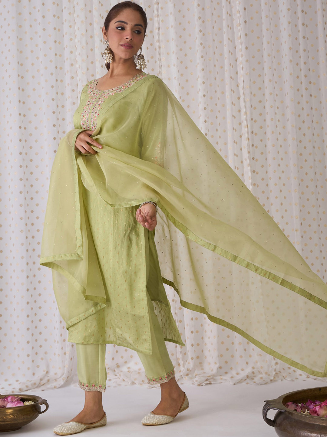 

Indo Era Floral Embroidered Chanderi Silk Straight Kurta with Trousers & Dupatta, Olive