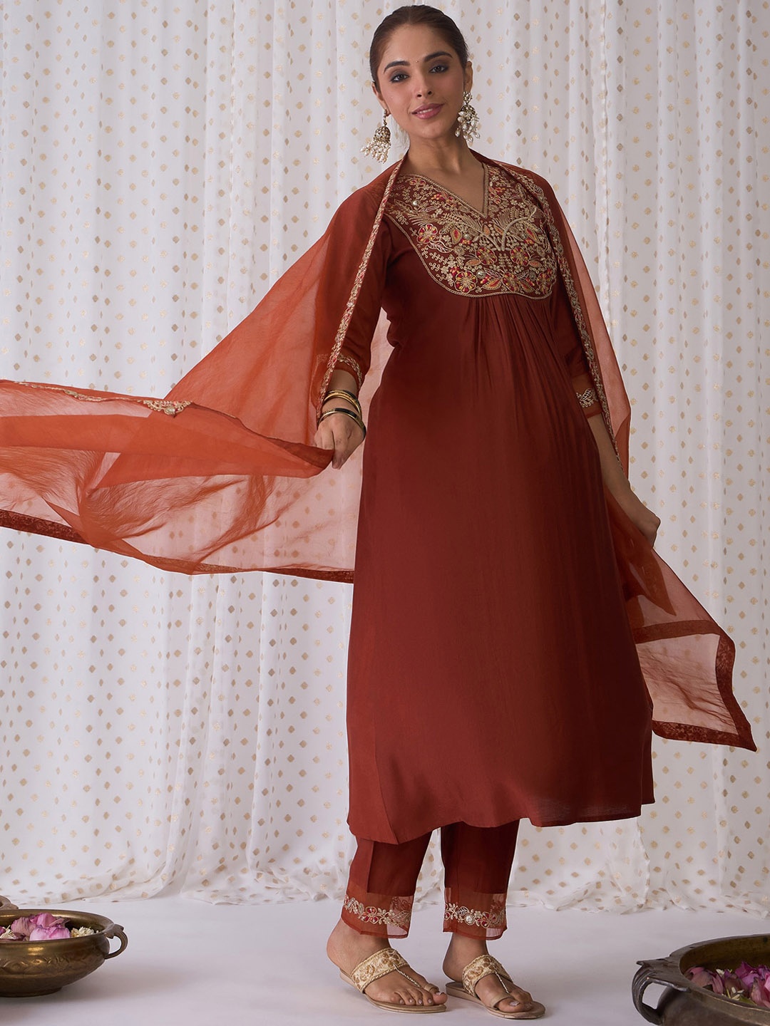 

Indo Era Floral Embroidered V-Neck Liva Kurta with Trousers & With Dupatta, Rust