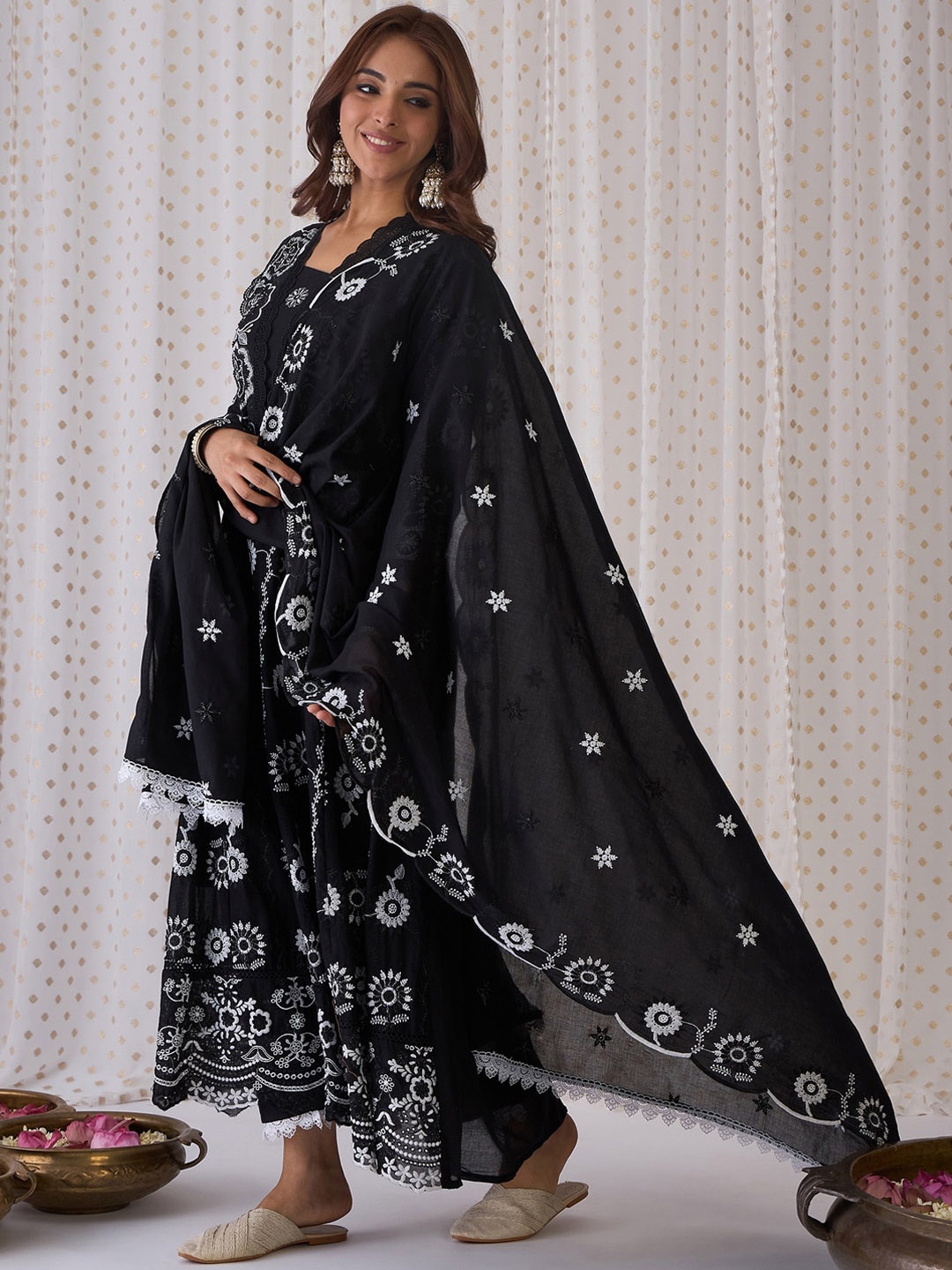 

Indo Era Floral Embroidered V-Neck Pure Cotton Kurta with Trousers & Dupatta, Black