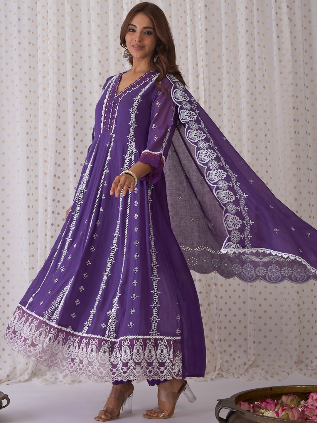 

Indo Era Ethnic Motifs Embroidered V-Neck Pure Cotton Kurta with Trousers & Dupatta, Purple