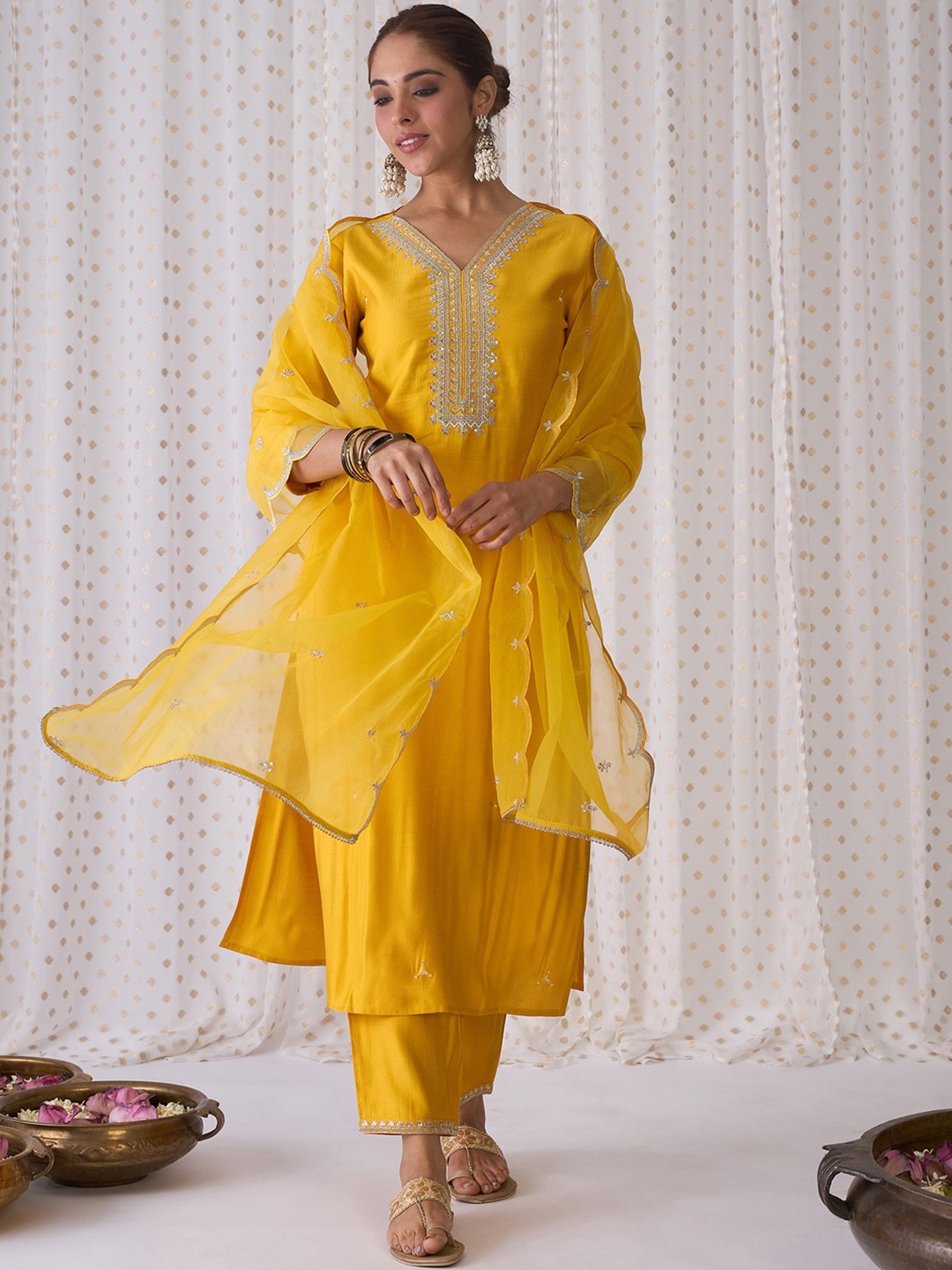 

Indo Era Ethnic Motifs Yoke Design V-Neck Liva Kurta with Trousers & Dupatta, Yellow