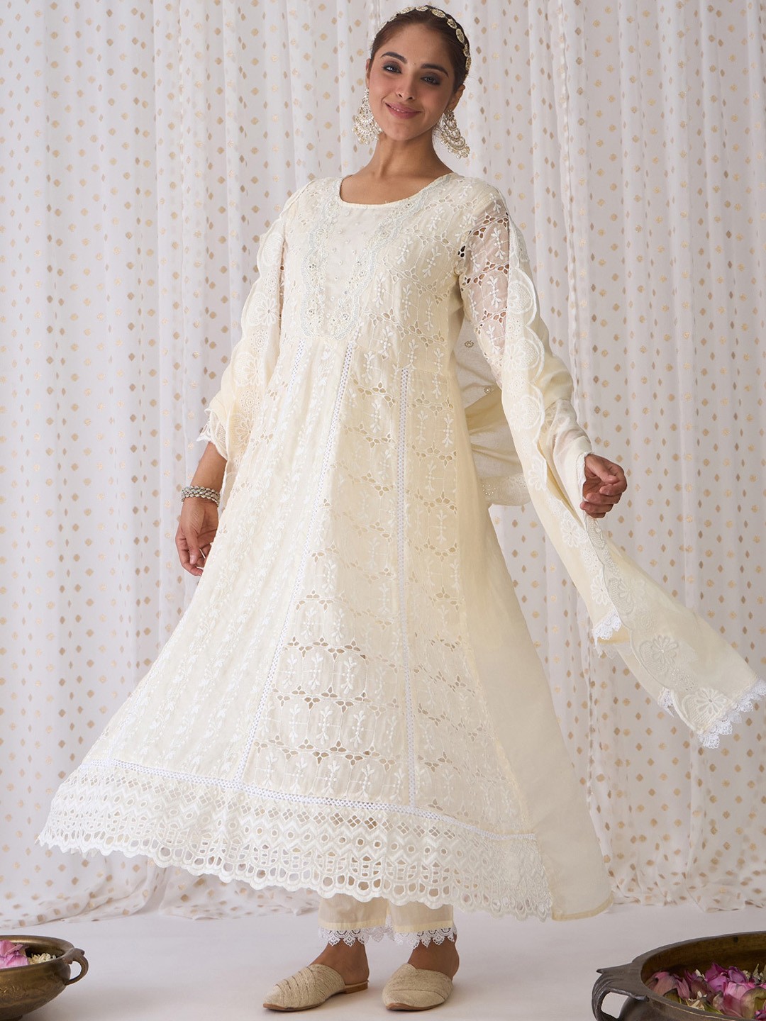 

Indo Era Ethnic Motifs Embroidered Panelled Pure Cotton Kurta With Trouser & Dupatta, Off white