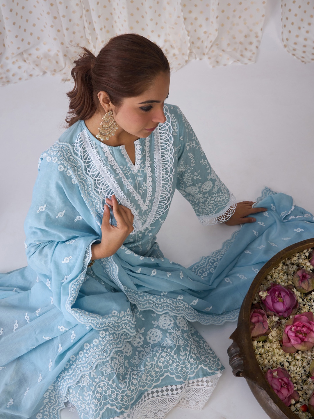 

Indo Era Floral Embroidered Regular Thread Work Pure Cotton Kurta with Trousers & Dupatta, Blue