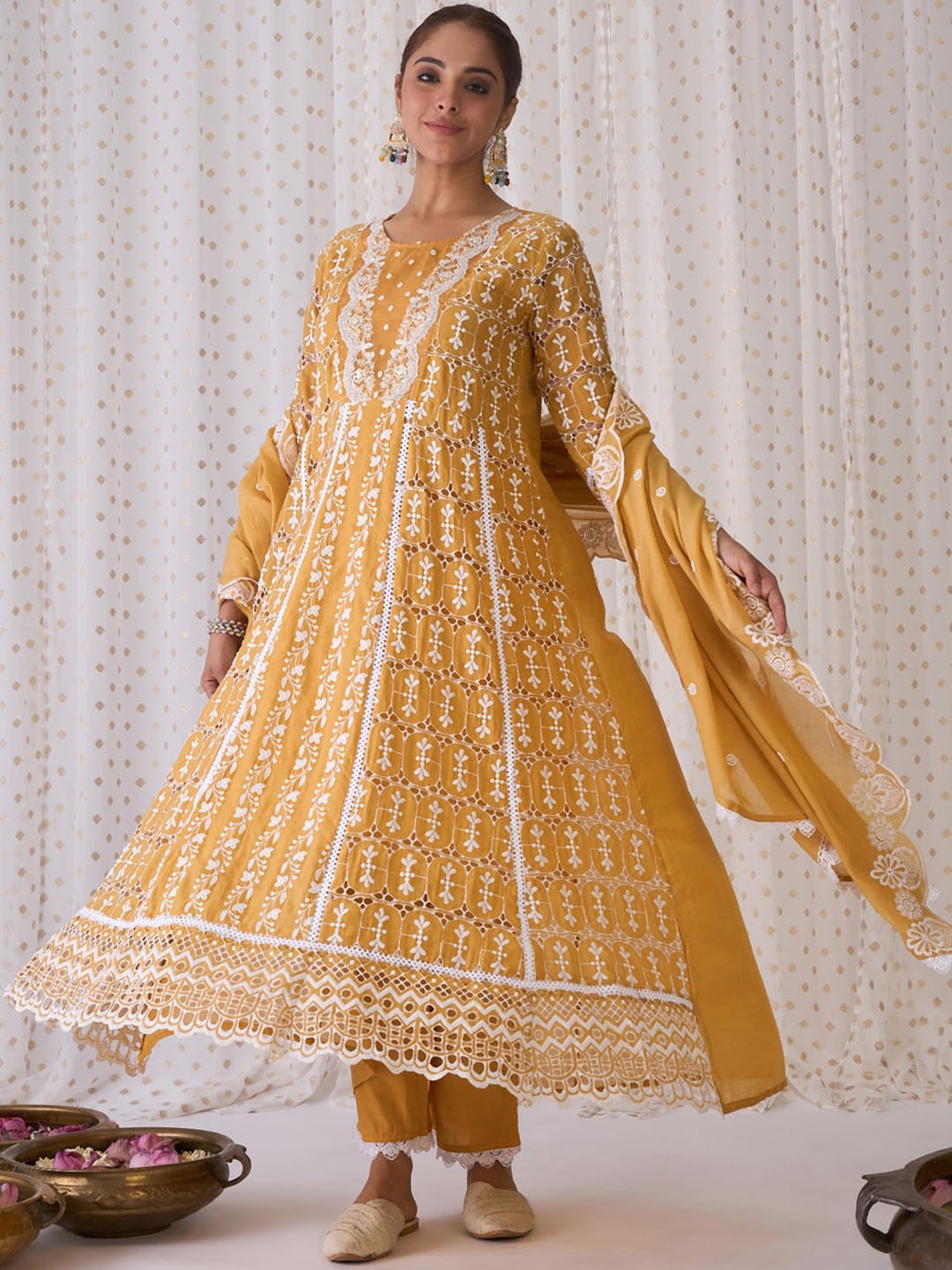 

Indo Era Ethnic Motifs Embroidered Round Neck Straight Kurta with Trousers & Dupatta, Yellow