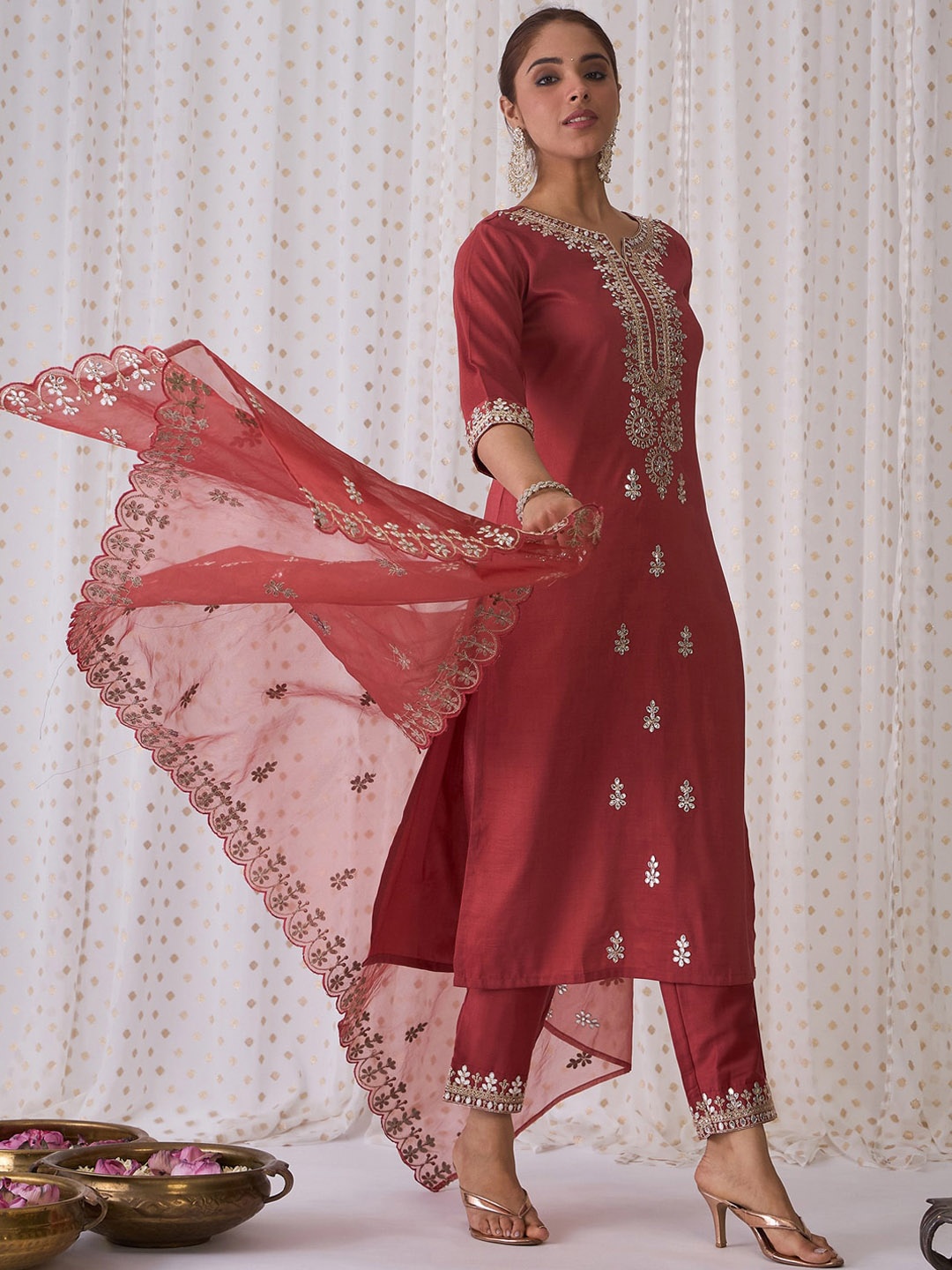 

Indo Era Ethnic Motifs Embroidered Notched Neck Straight Kurta with Trousers & Dupatta, Rust