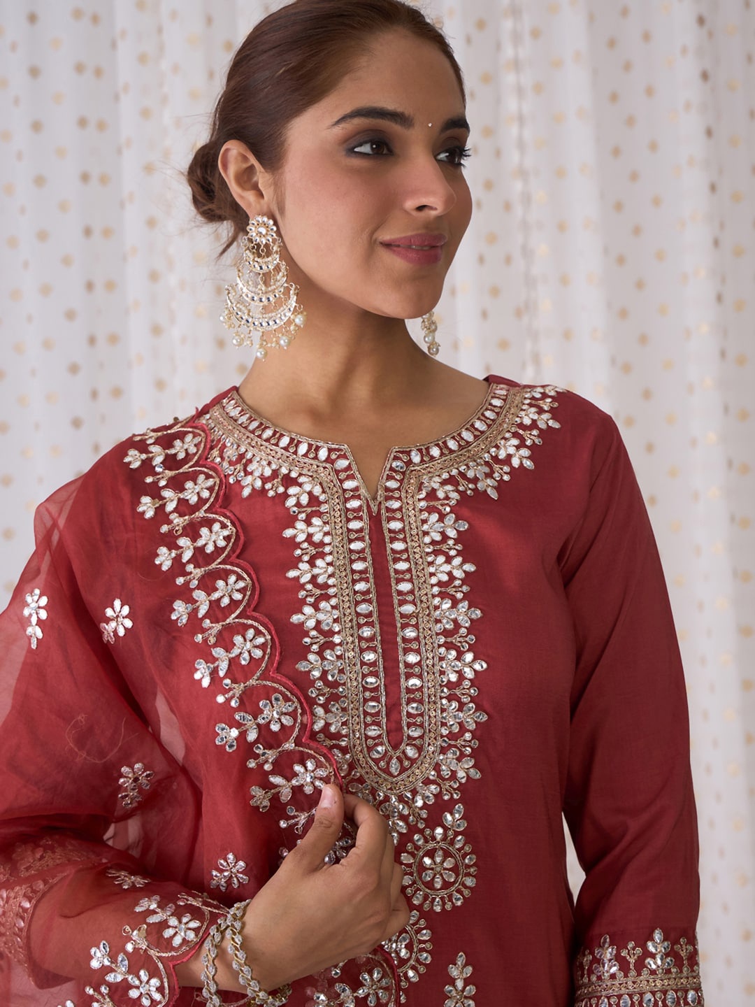 

Indo Era Ethnic Motifs Embroidered Notched Neck Straight Kurta with Trousers & Dupatta, Rust