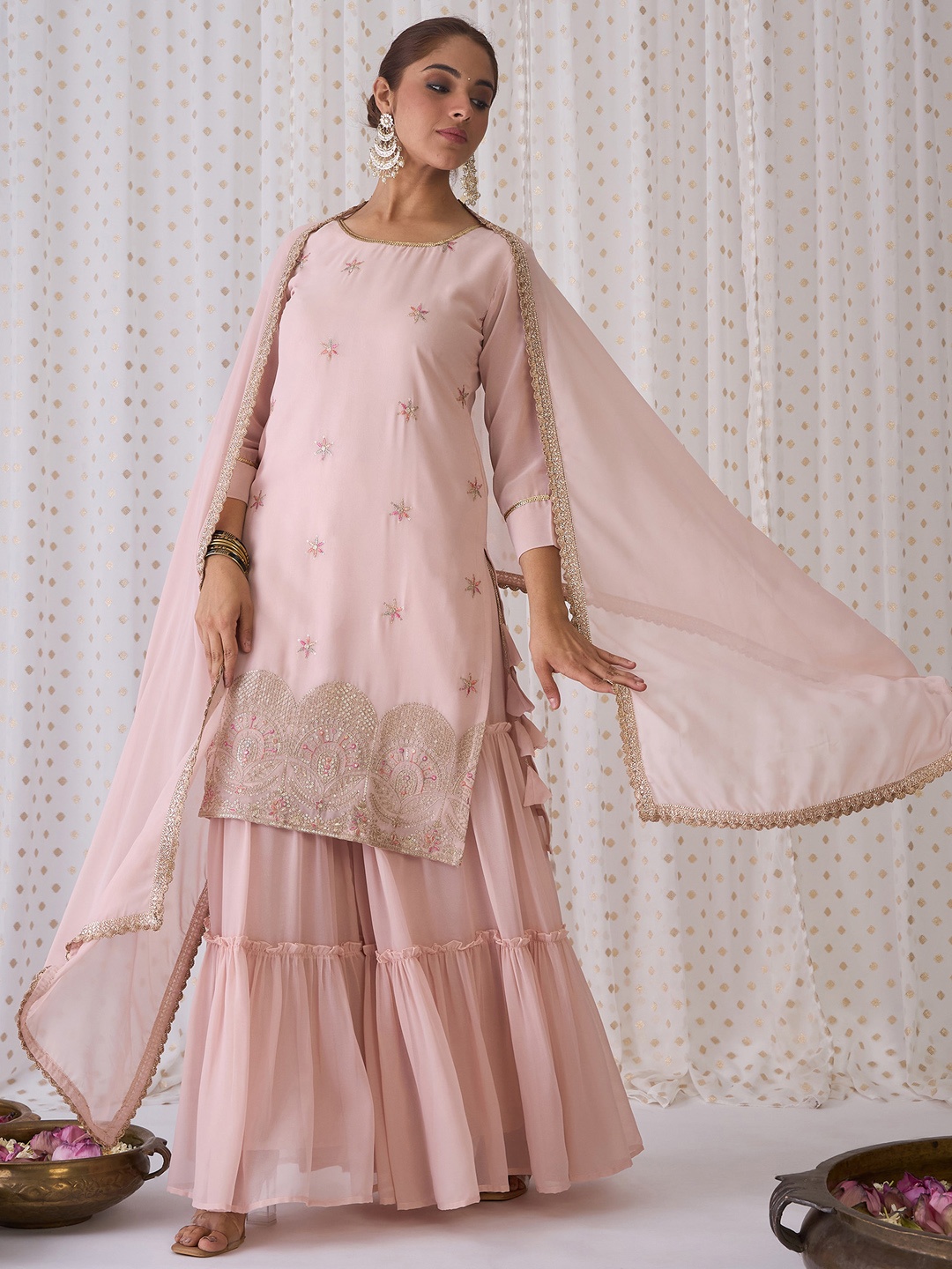 

Indo Era Ethnic Motifs Embroidered Straight Kurta With Sharara & Dupatta, Pink