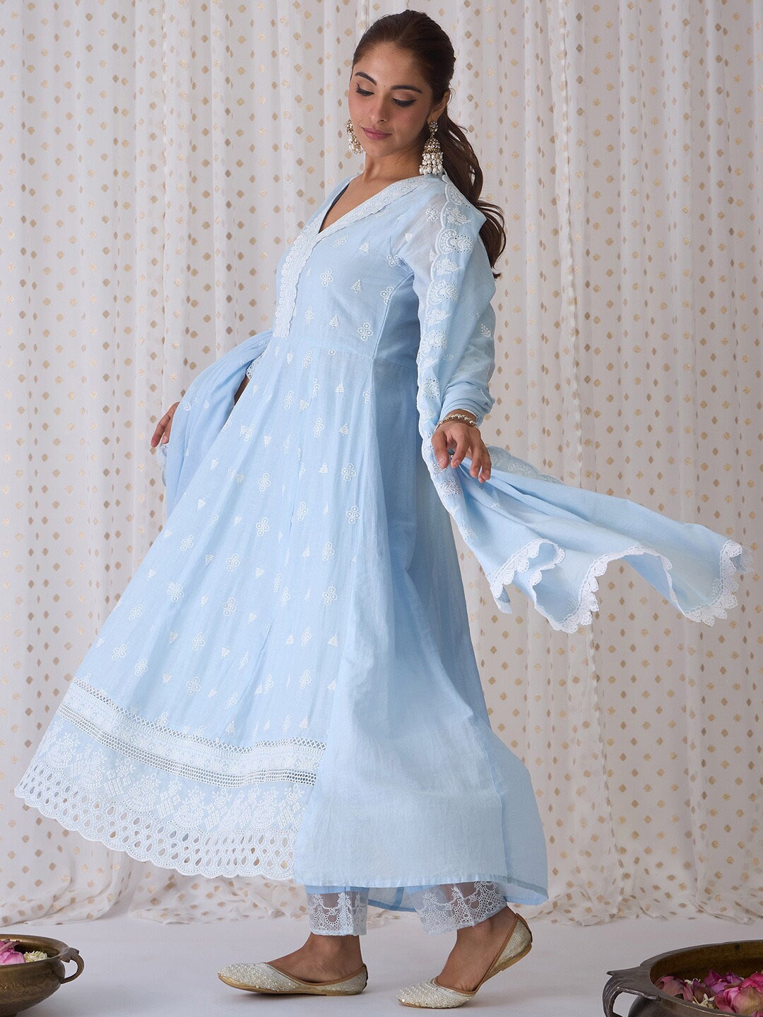 

Indo Era Ethnic Motifs Embroidered V-Neck Pure Cotton A-Line Kurta with Trousers & Dupatta, Blue