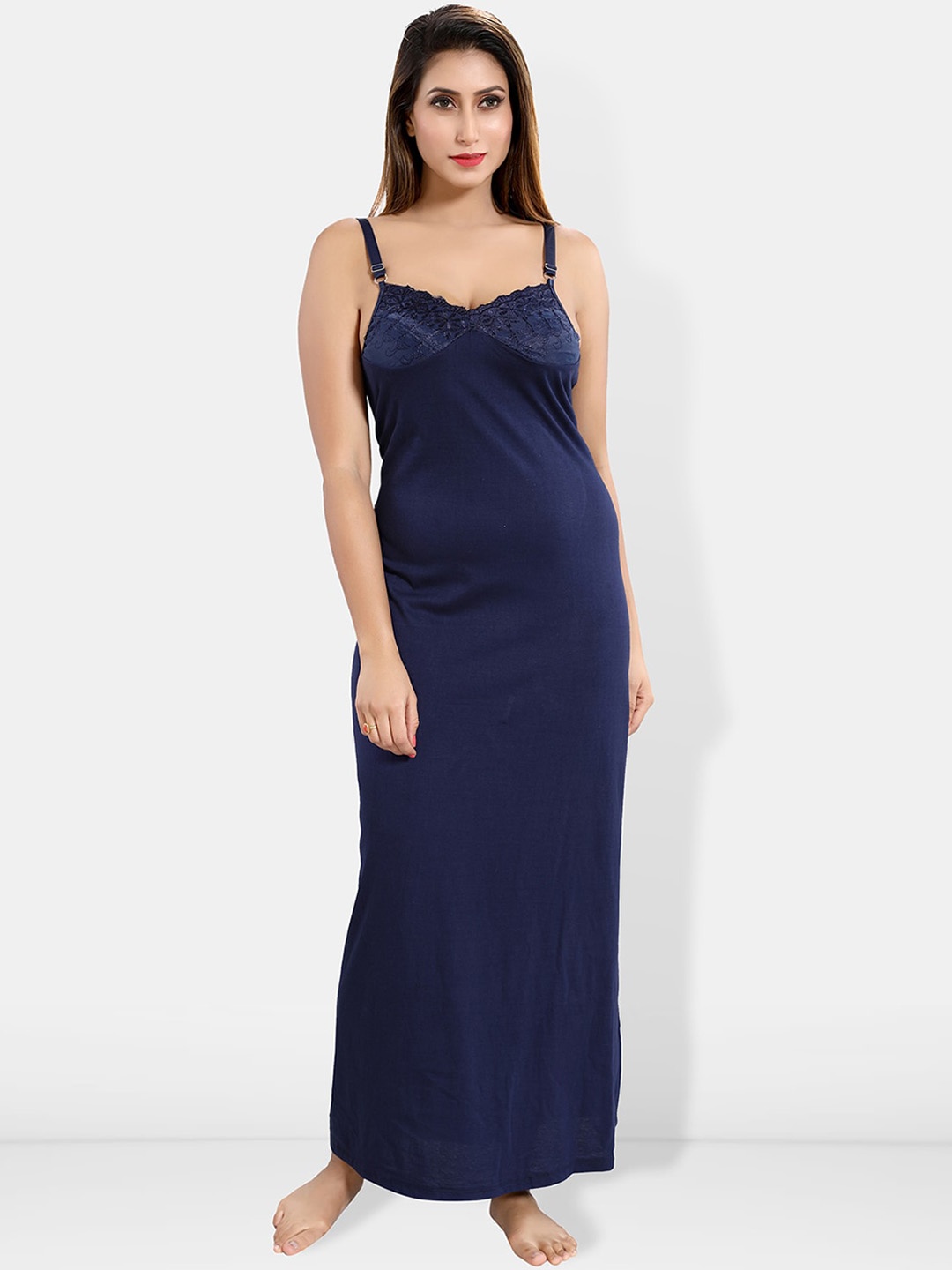 

Be You Shoulder Straps Cotton Lace Maxi Nightdress, Navy blue