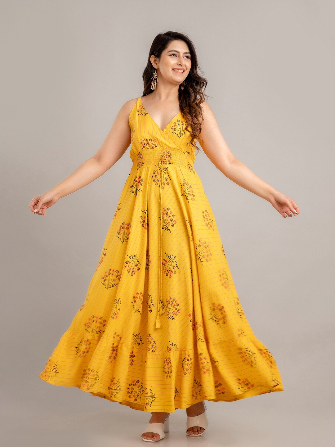 

FrionKandy Floral Printed Maxi Dress, Mustard