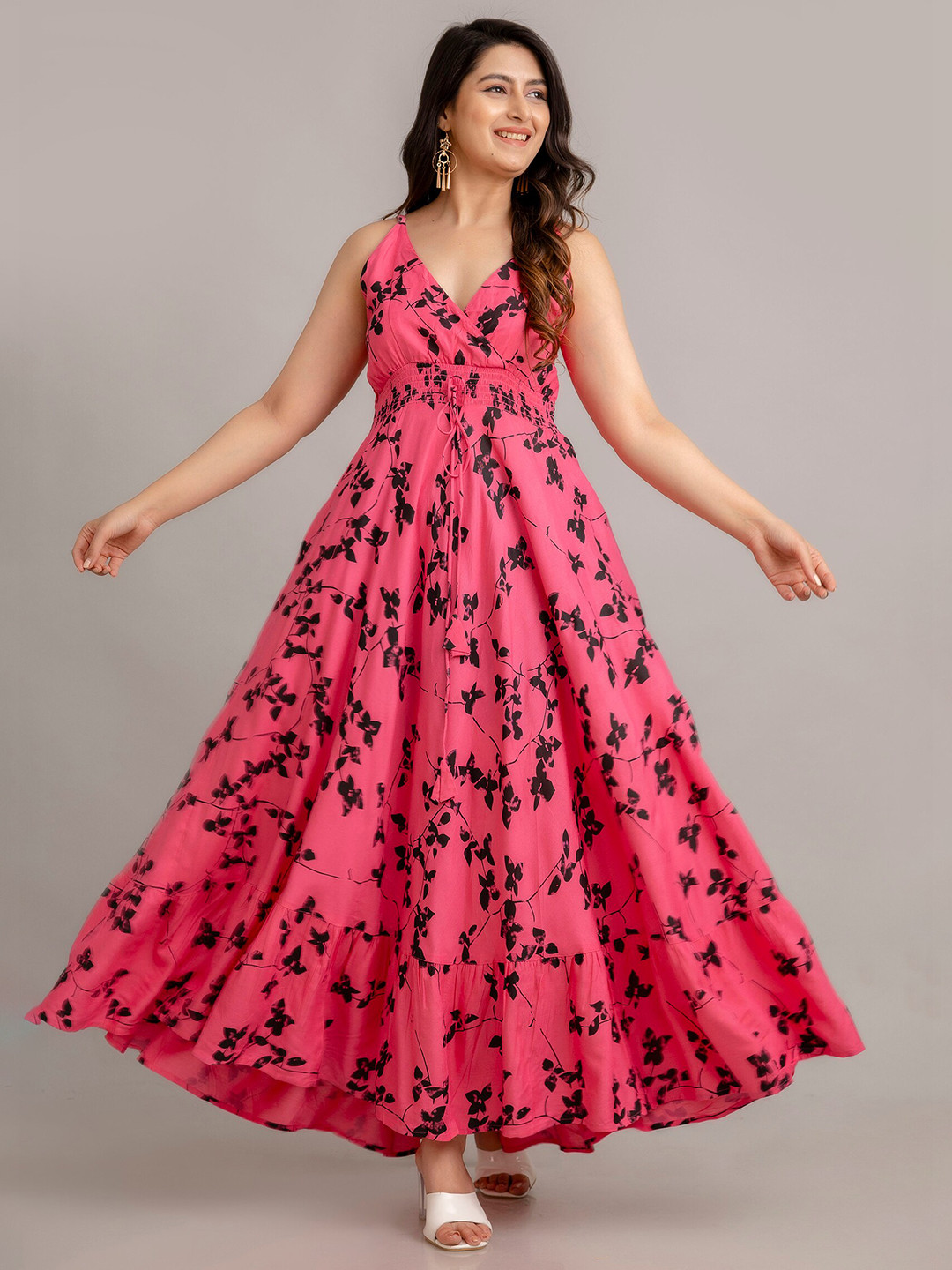 

FrionKandy Floral Printed V-Neck Sleeveless Maxi Dress, Pink