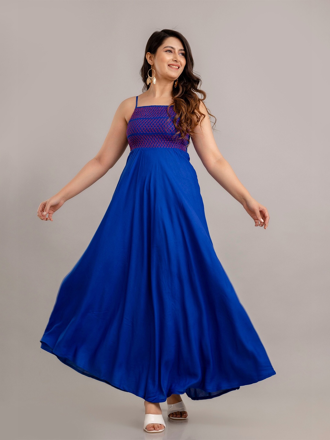 

FrionKandy Self Design Shoulder Straps Sleeveless Maxi Dress, Blue
