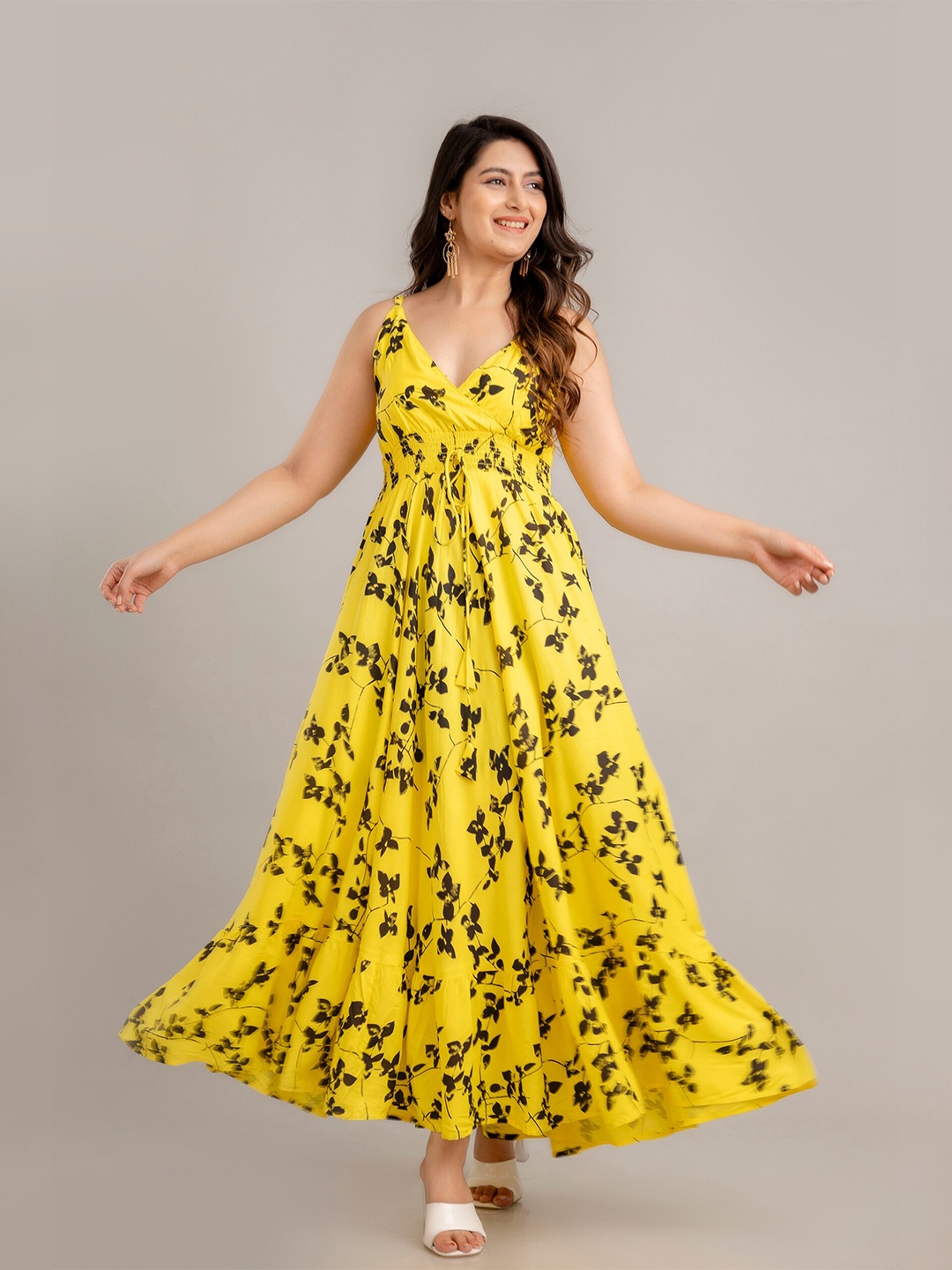 

FrionKandy Floral Printed V-Neck Sleeveless Maxi Dress, Yellow