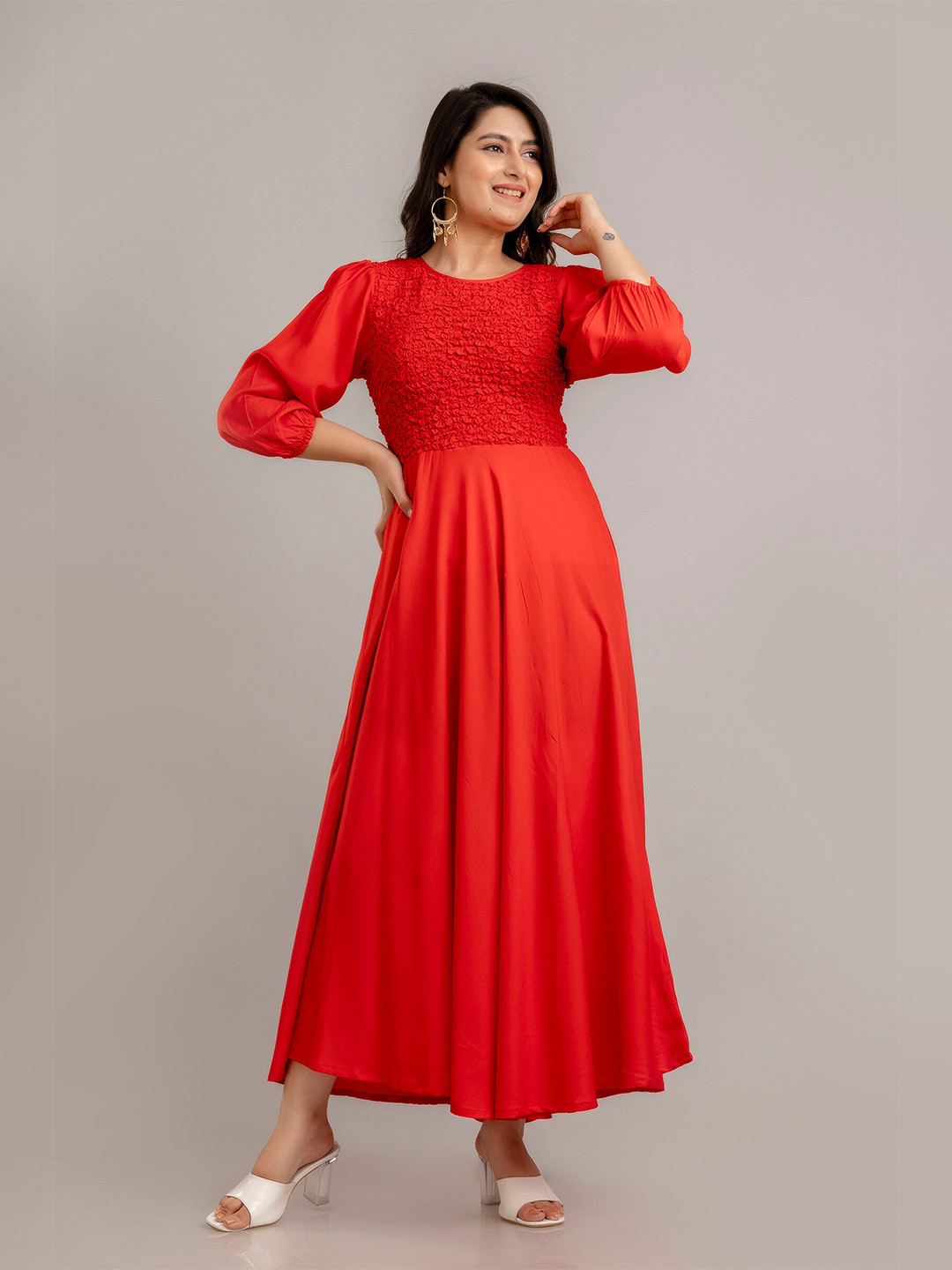 

FrionKandy Round Neck Three-Quarter Sleeves Maxi Dress, Red