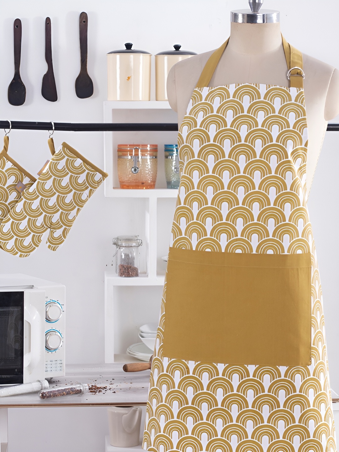 

MASPAR White & Yellow Abstract Printed Tie Up Cotton Apron